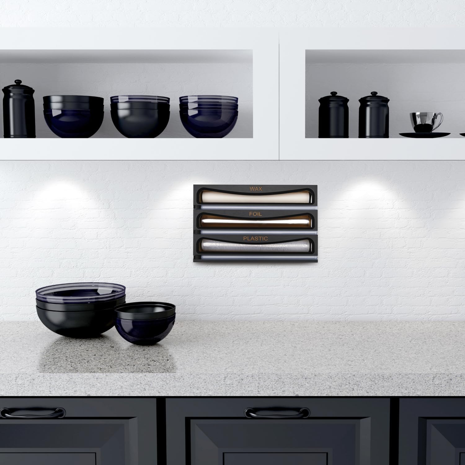 Cozee Bay Bamboo Wrap Dispenser with Cutter, Plastic Wrap Organizer, Aluminum Foil Organization, and Wax Paper Dispenser Holder for Kitchen Drawer and Wall, Compatible with 12" Roll (01 Black)