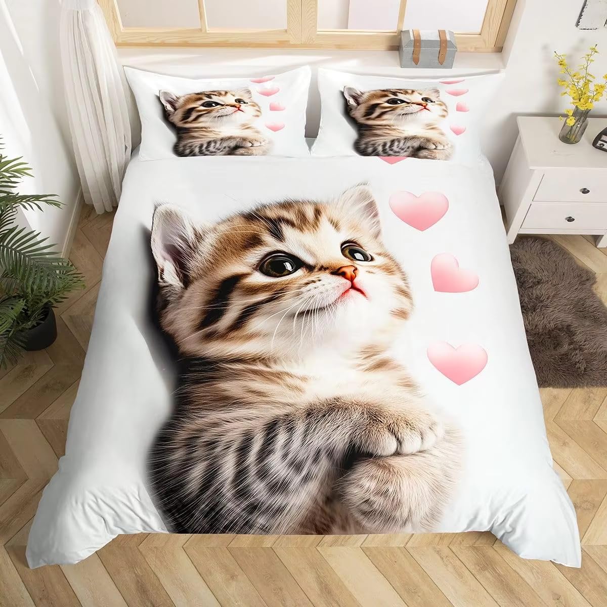 Housse de couette 240x260 chat mignon adulte parure de lit 2 personnes avec fermeture éclair