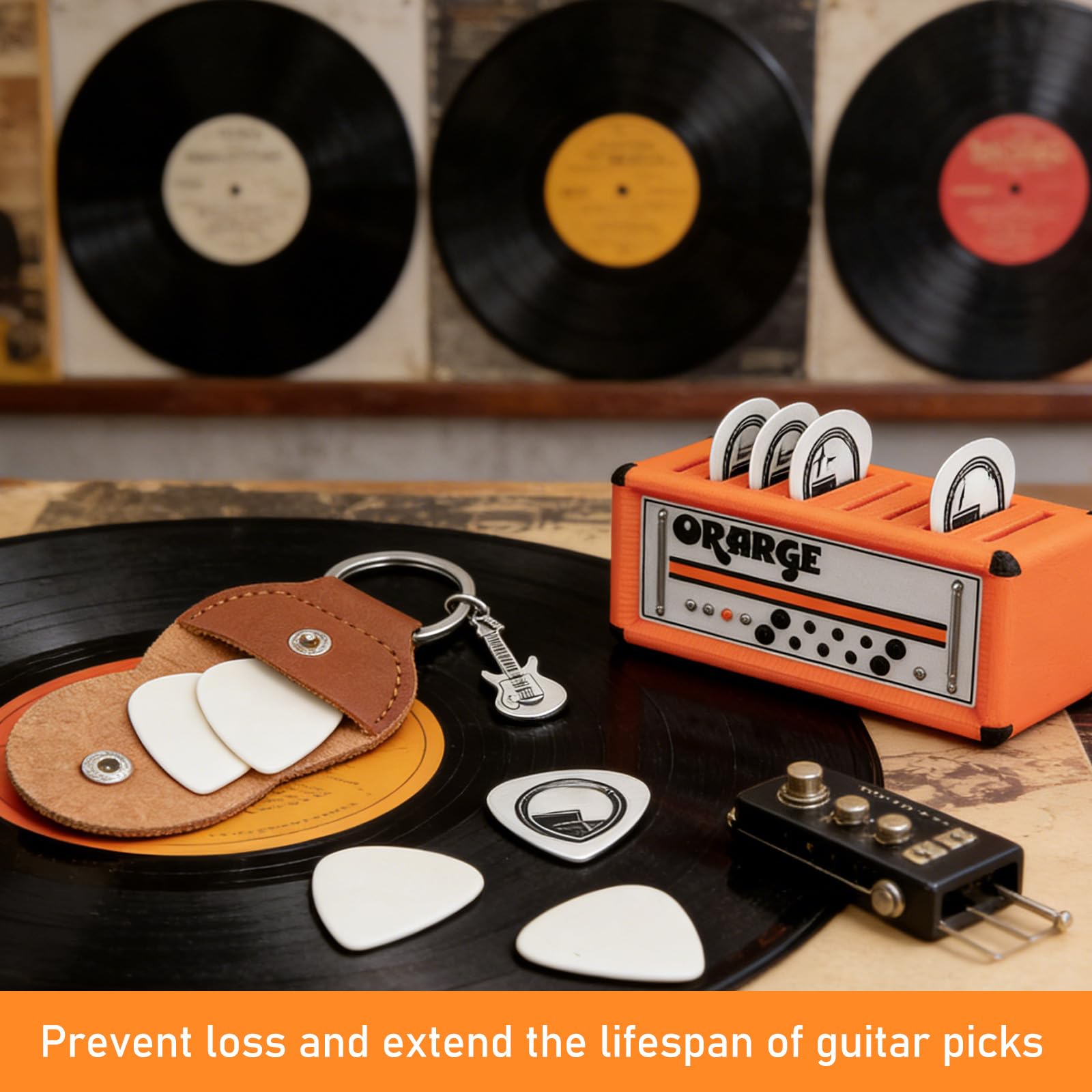 Uchwyt na gitarę, stylowy organizer z 9 przegródkami, skórzane etui i zawieszka na gitarę, brązowy