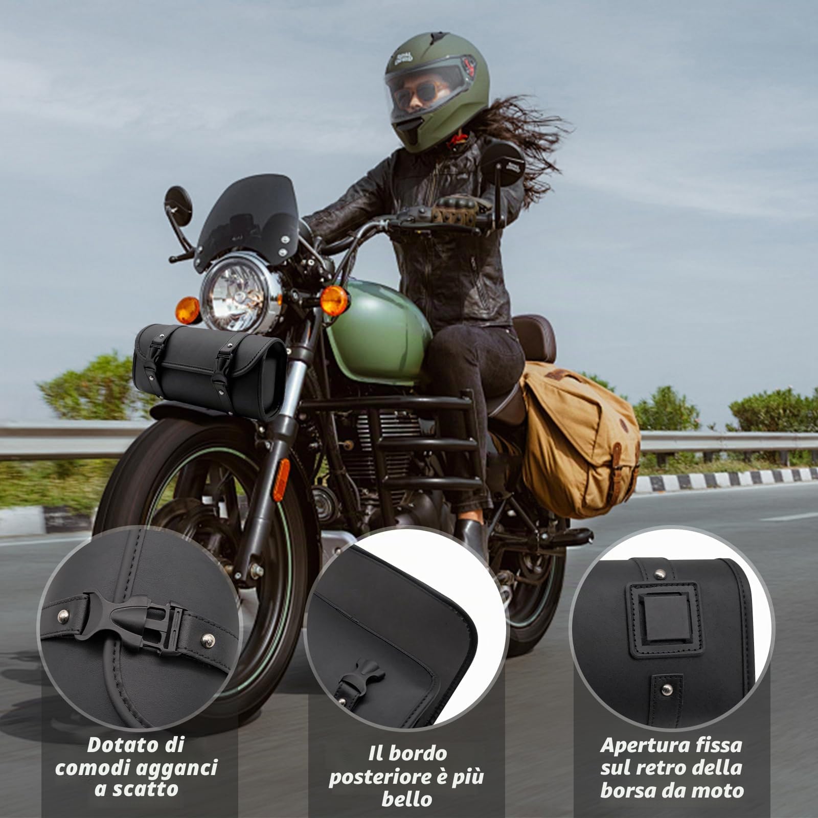 Borsa Attrezzi da Moto Impermeabile in Pelle – Borsa da Sella e Laterale Universale, con 2 Cinghie di Fissaggio per Manubrio e Forcella per Maggior Parte Delle Motociclette e Fuoristrada