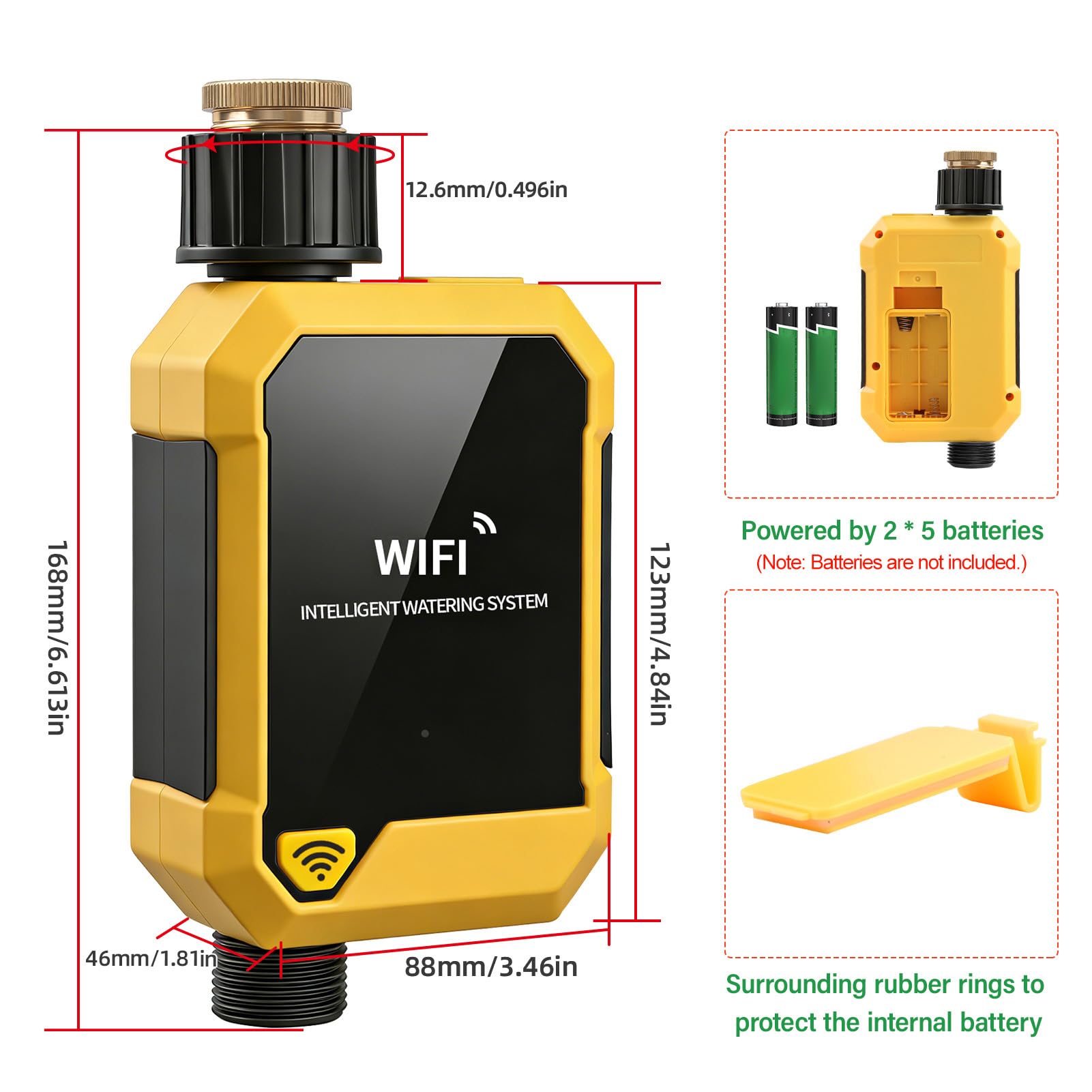 Naroote Temporizador de Riego WiFi Inteligente Temporizador de Riego Controlado por Aplicación 12 a 15,6 L por Minuto Sensor de Lluvia 33,8 a 140 °F Al Aire Libre para Jardín, Césped,