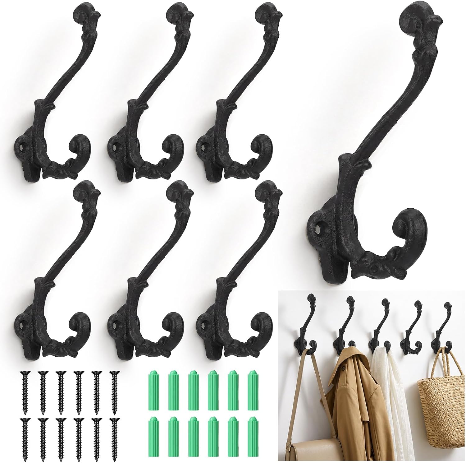 Chumia 6 Pack Rustic Cast Iron Wall Hooks Antique Brass Vintage Coat Hooks Heavy Duty Rustic Wall Mount Hook 35 Lbs Capacity Rust Resistant Farmhouse Hanger for Entryway Bathroom Indoor Outdoor