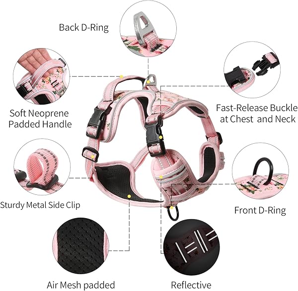HEELE Dog Harness, Anti-Pull Reflective Dog Harness with Padded Handle for Medium Large Dogs, 1 Buckle on the Right Neck Strap Makes it Easy to Put on and Take Off, Floral-Pink, M - 3