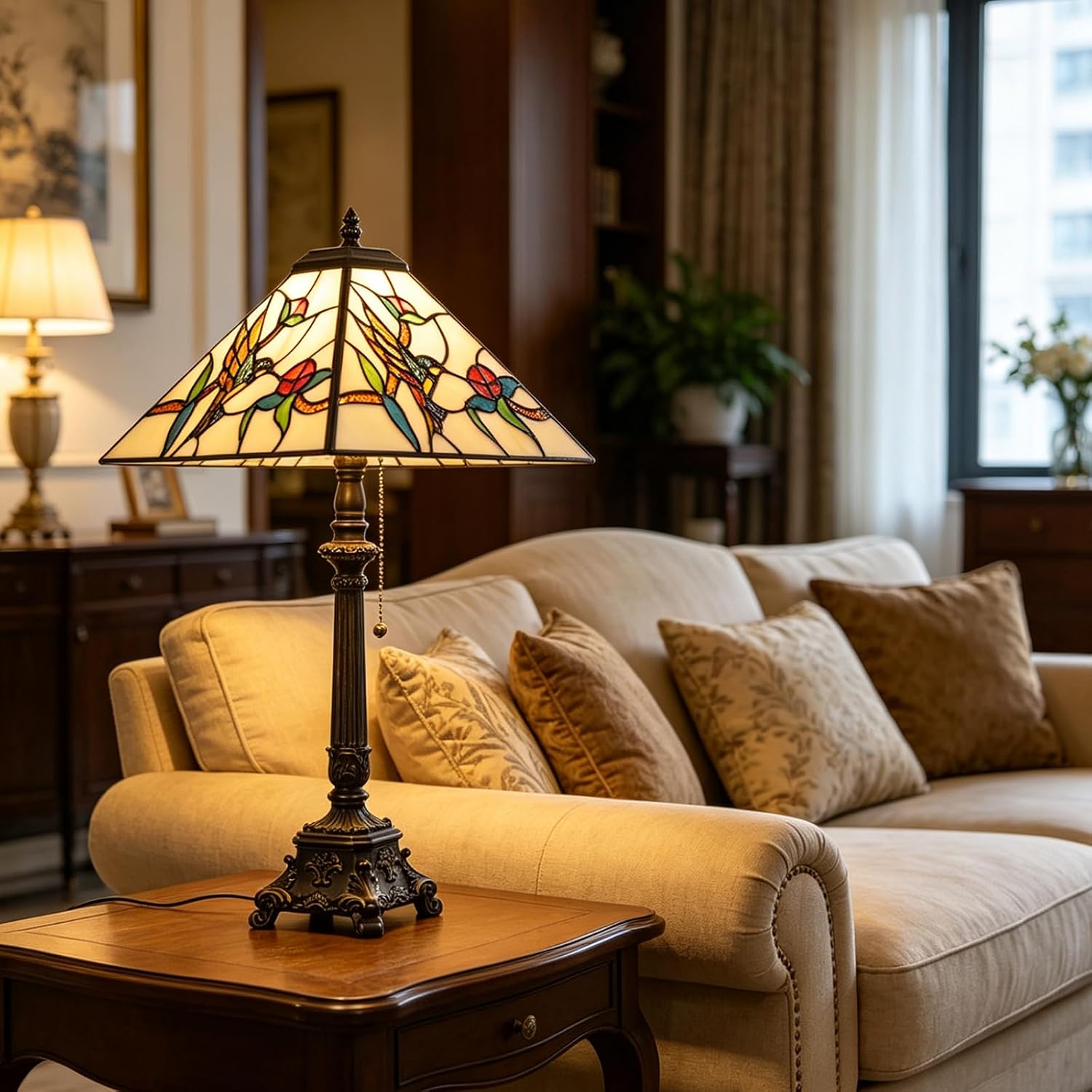 Tiffany Table Lamps White Stained Glass Hummingbird Style Mission Desk Lamp 12X12X24 Inch Bronze Resin Base image 3