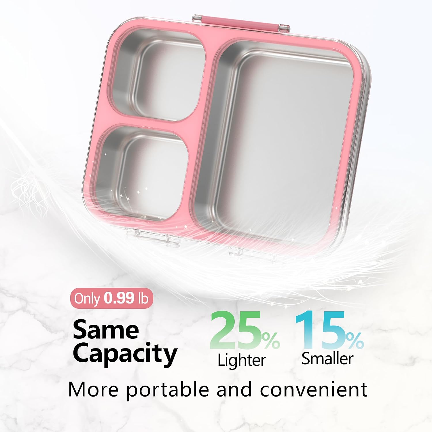 HOMEKOL Stainless Steel Bento Lunch Box 3-Compartment, 4.2Cups, Pink