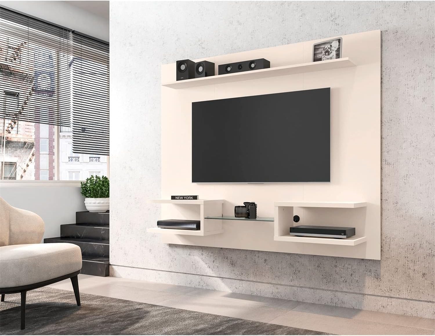 Manhattan Comfort Plaza Floating Entertainment Center in Off White, fully assembled with a TV and media devices