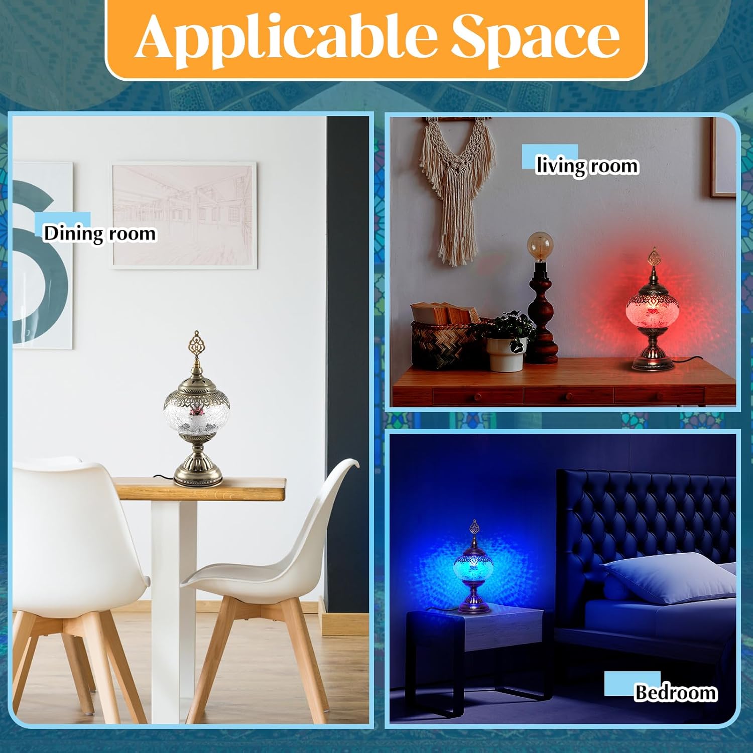 Baquler Large Globe Turkish Moroccan Table Lamp Handmade Vintage Moroccan Glass Lampshade Turkish Desk Lamp Bohemian Decorative Night Light for Bedroom, Living Room, LED Bulb Included (Bright)