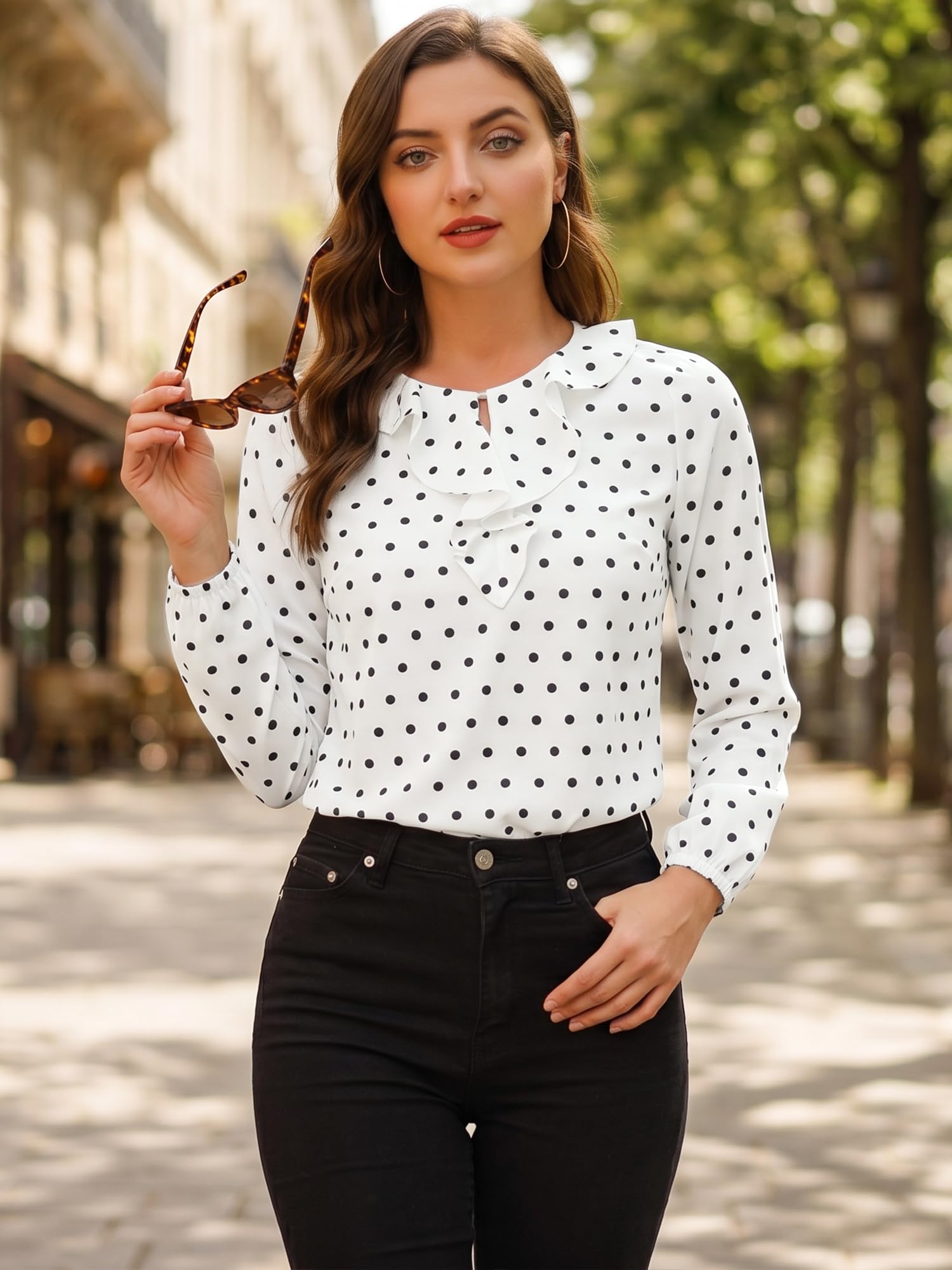Allegra K Camicia da Donna a Maniche Lunghe, Girocollo, Volant Polka Pois