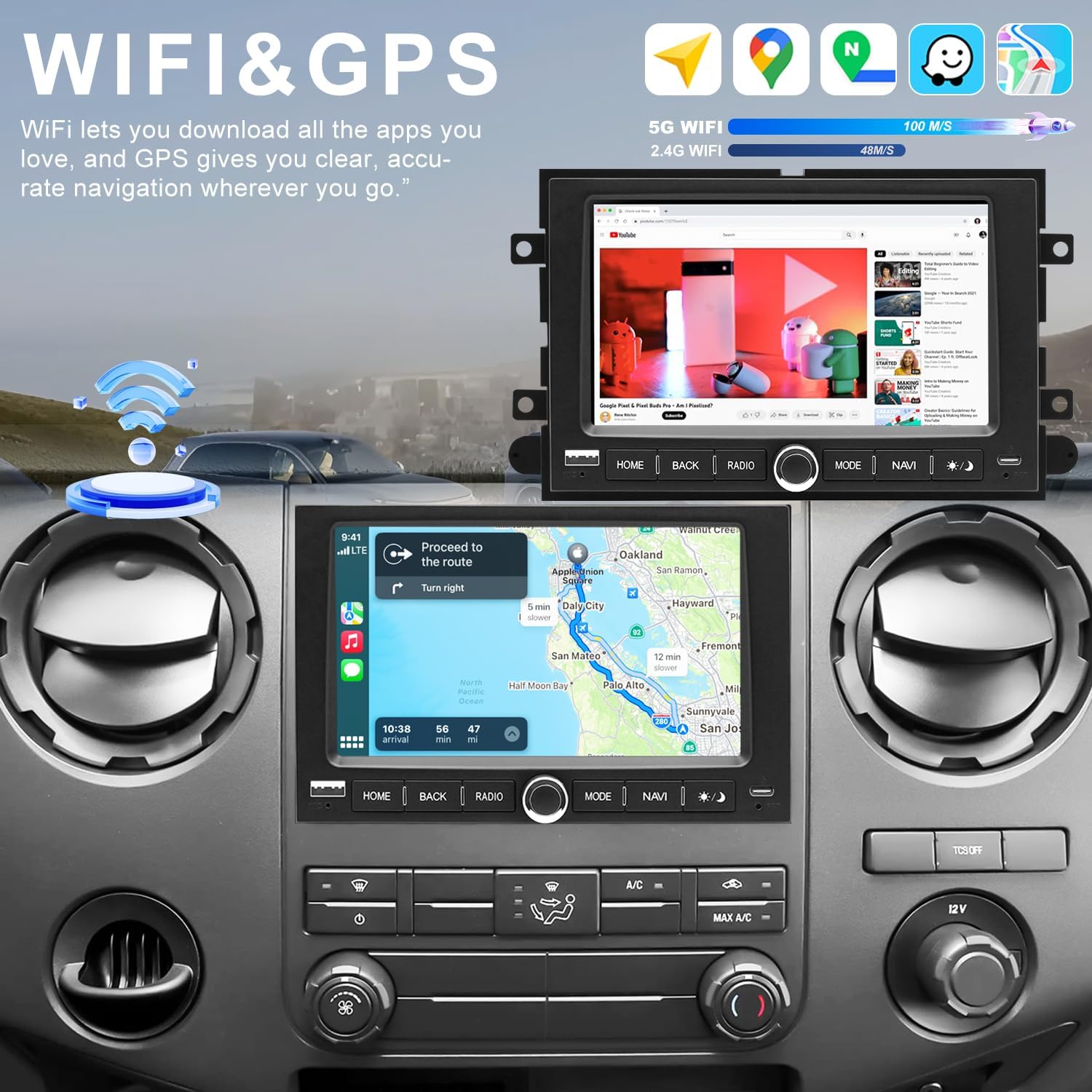 5G WiFi Car Radio for Ford F150 F-150 2004-2008, F250/F350 2006-2016, Edge 2007-2010, E150/E250/E350 2009-2014, 7'' Touch Screen Stereo Headunit with Wireless Carplay Android Auto GPS BT FM SWC Camera