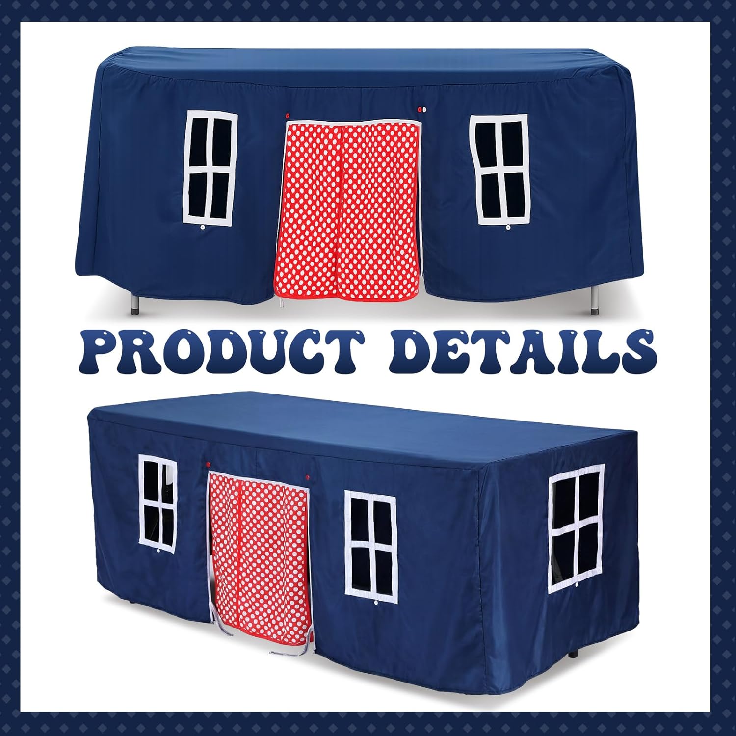Oudain 10ft x 7.5ft Large Tablecloth Playhouse for Kid Table Fort Cover Table Cloth Tent Playhouse for Dining Room Birthday Indoor Outdoor Party Playground (Blue Red Colors, Polka Dots Style)