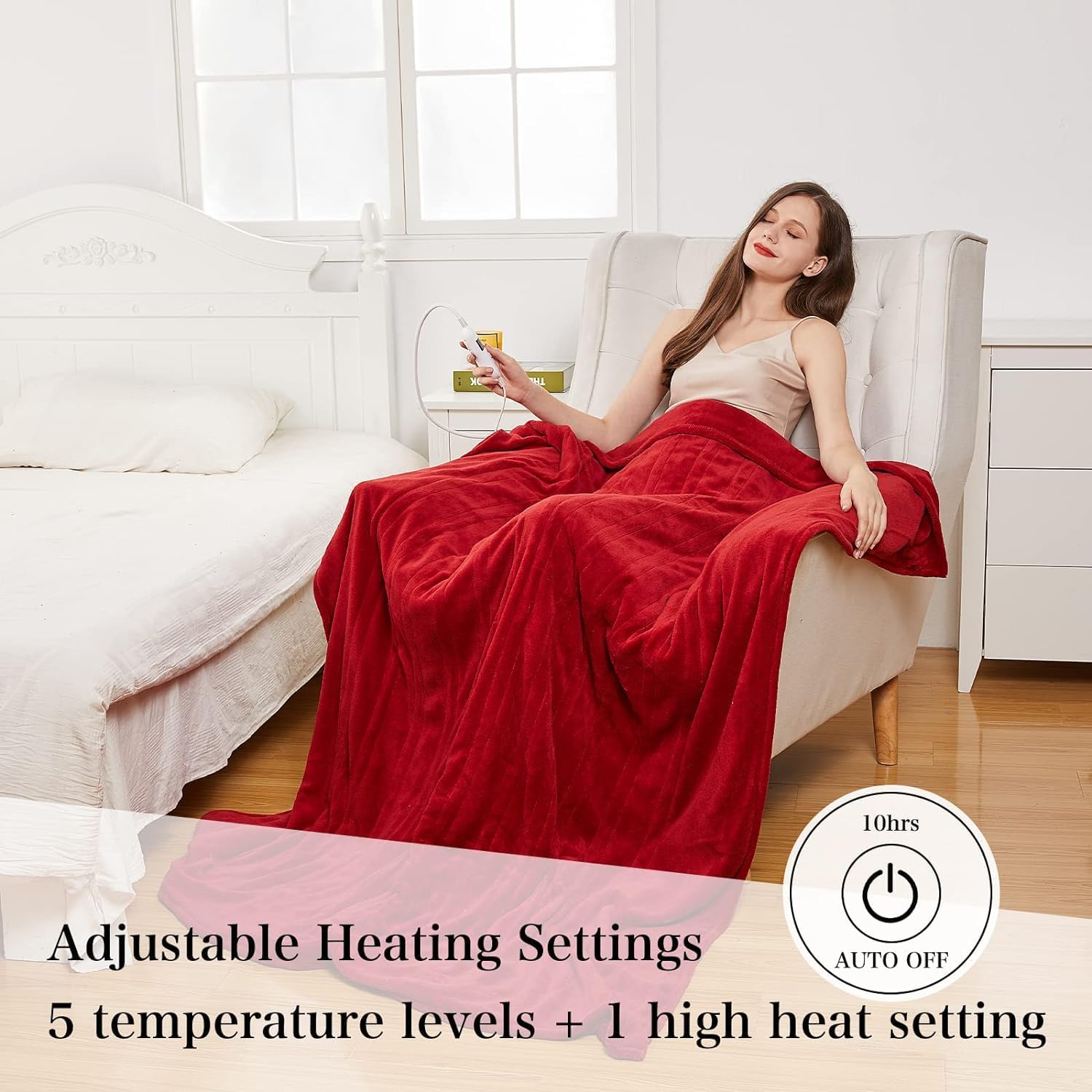 Heated Blanket Full Size, Burgundy, 62" x 84" Electric Throw Blankets with 5+1 Heat Settings Flannel Heating Blanket,10hrs of Auto Off, Machine Washable-2 Years Warranty