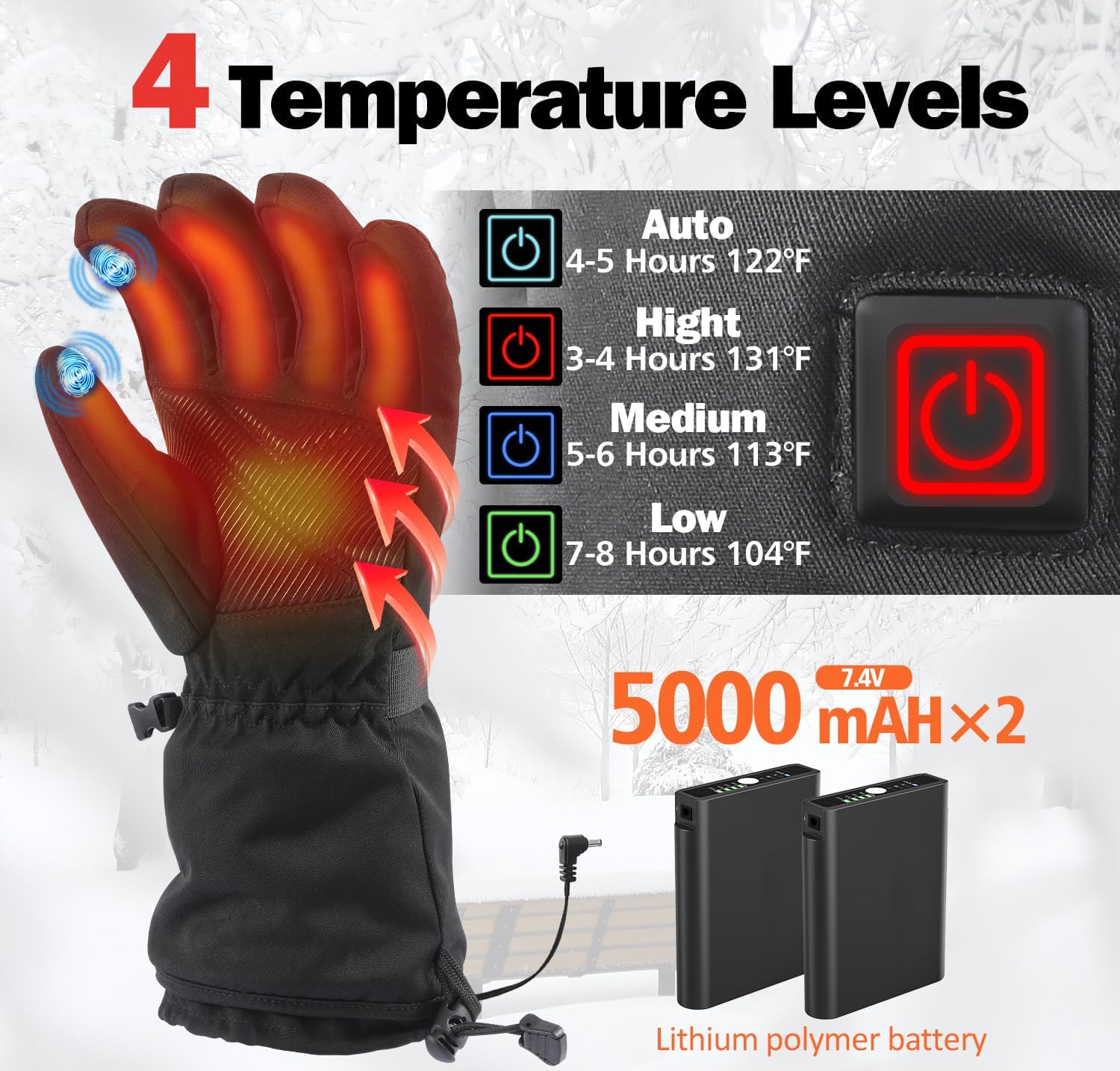 Heated Gloves for Men Women,Rechargeable Heated Gloves with 7.4V/2 5000mAh Battery 4 Temperature Levels,Waterproof Touchscreen Electric Heating Hand Warmer Gloves for Motorcycle Skiing Hunting - Image 2