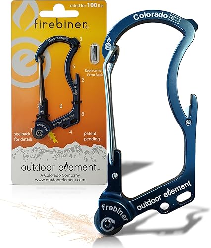 Miniatura 23 de OUTDOOR ELEMENT Firebiner Custom Engraved 6-in-1 Fire Starter Carabiner Multitool – Survival Gear EDC Keychain with Utility Blade, Bottle Opener, GT