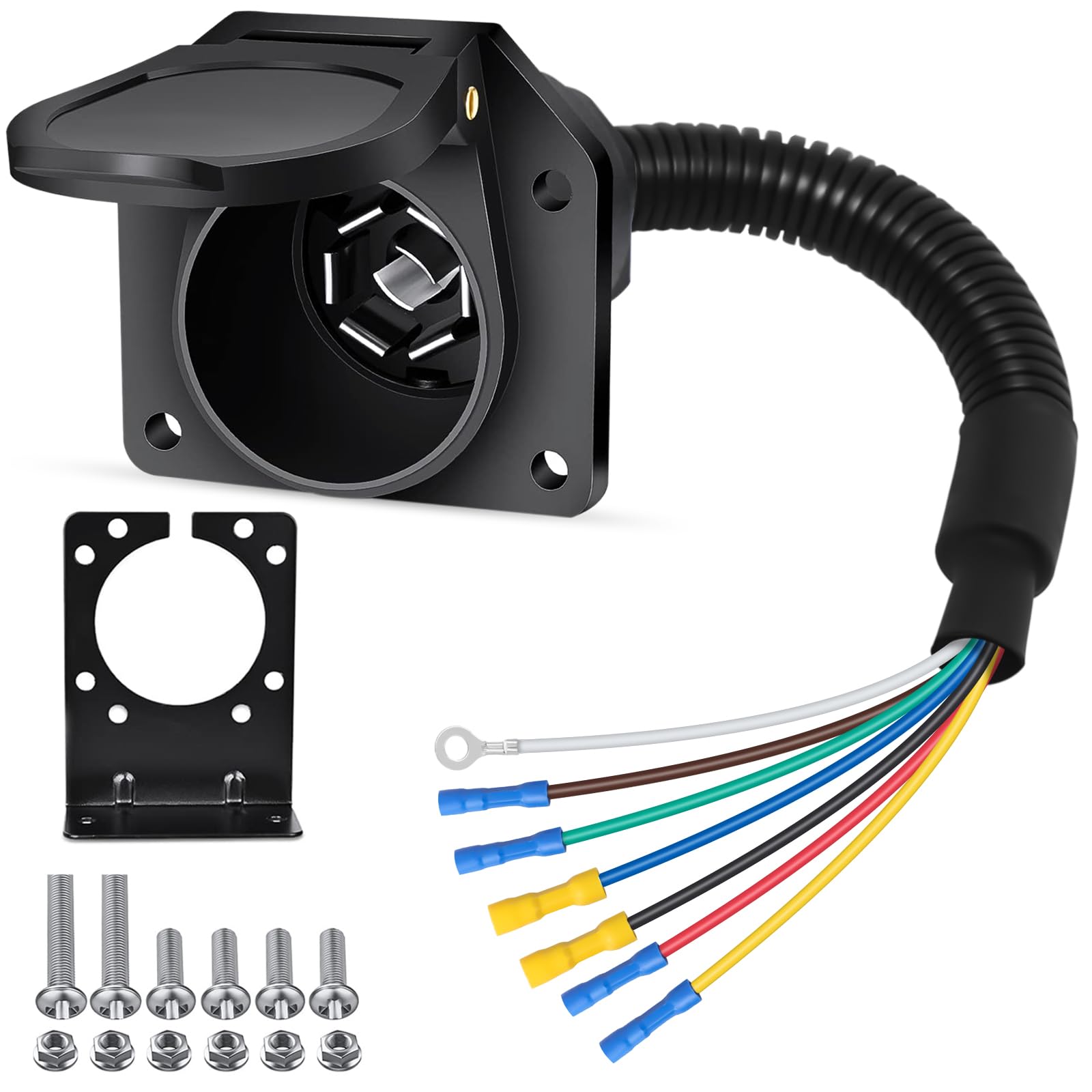 7 Way RV Trailer Light Connector Socket 7 Pin Wire Electrical Trailer Adapter Quick Converter with Mounting Bracket, Truck End Quick-Install 7 Prong Universal Pigtail Wiring Harness Vehicle Side