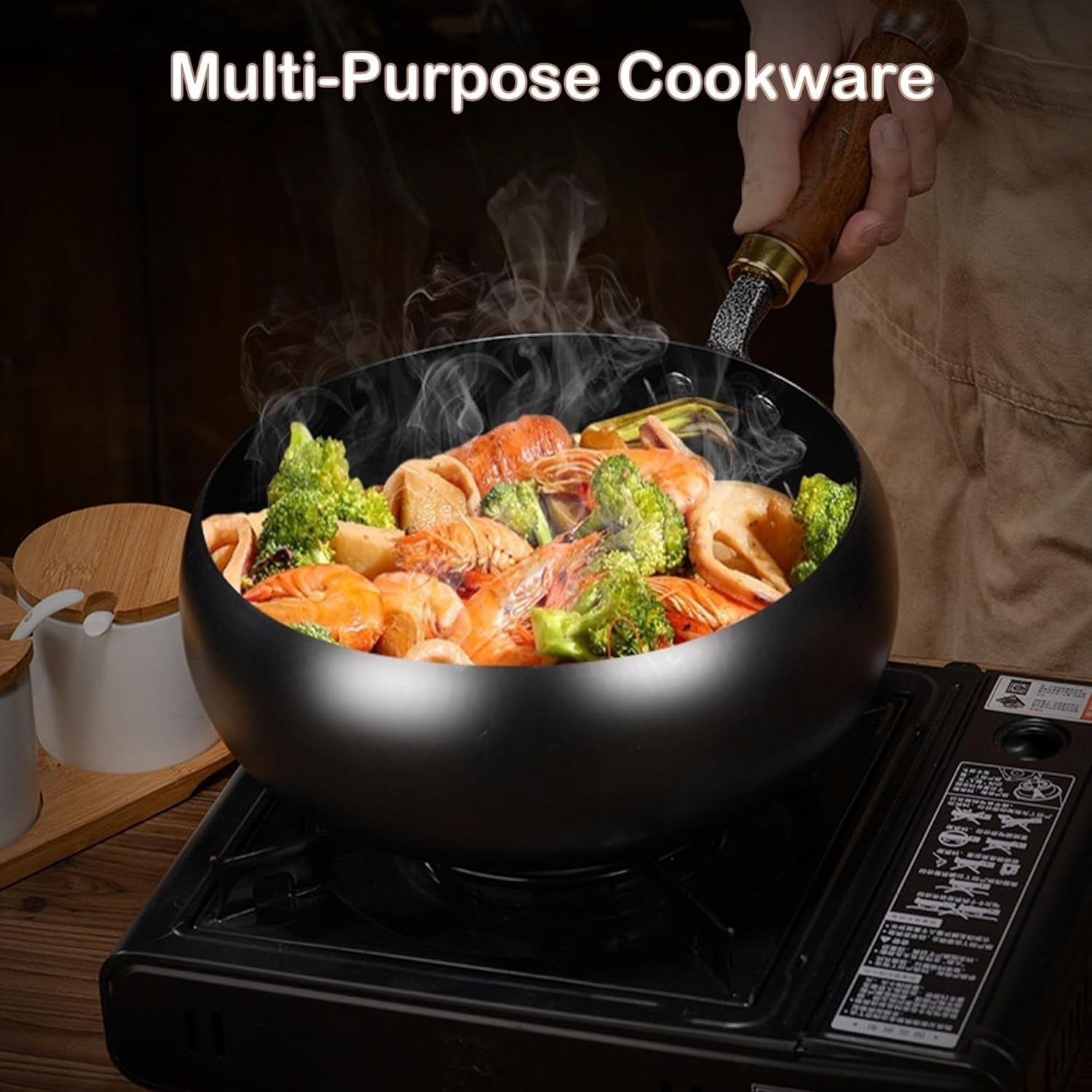 Japanese Iron Pan, Uncoated Iron Pan with Lid, Hand-Forged Non-Stick Pans without Coating Durable and Rust-Free for Kitchen Cooking Frying (Hammered Wood Lid,20cm/7.9'')