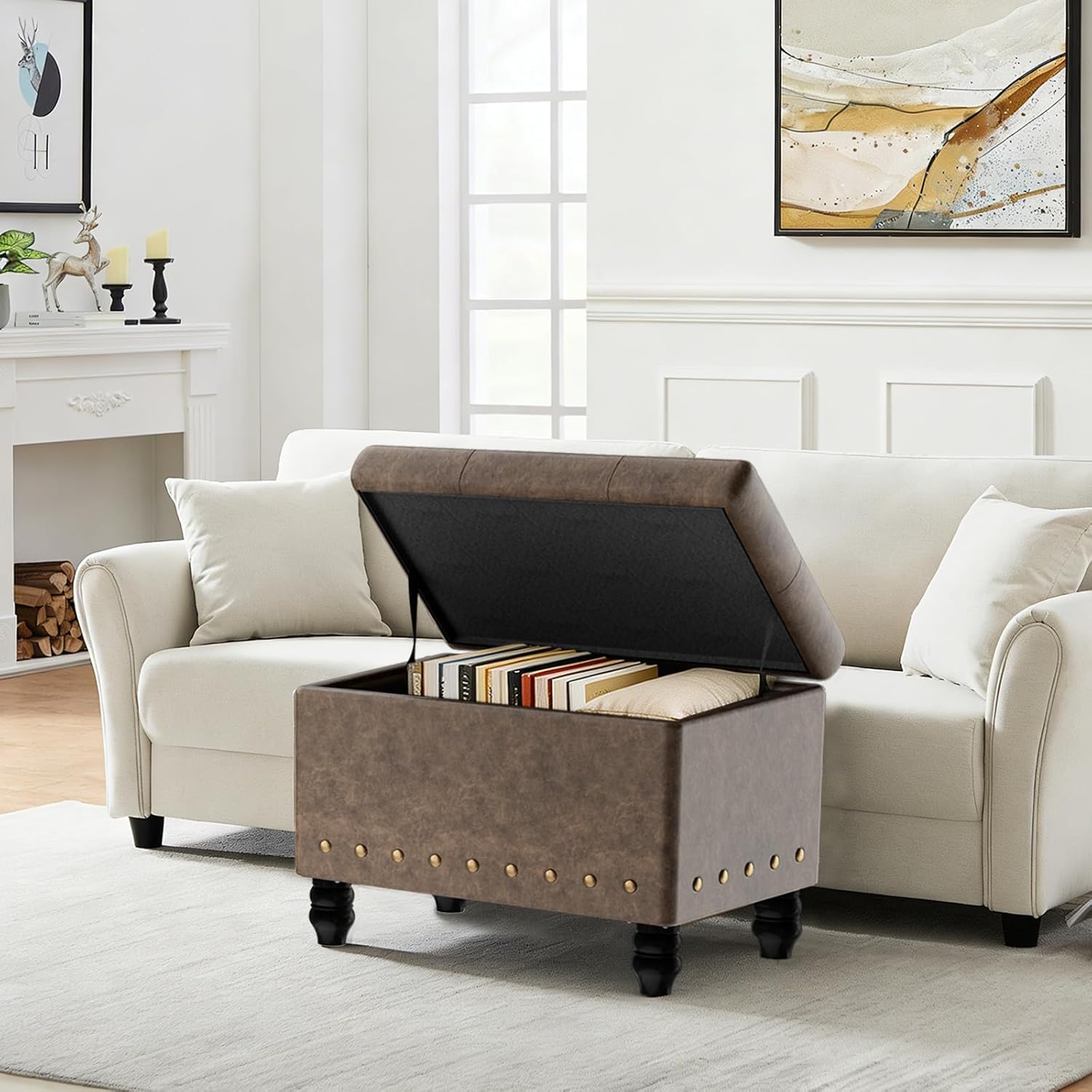 Storage Ottoman Bench with Lid, Faux Leather Upholstered Footstool with Hidden Storage, Tufted Seat, Wood Legs, 330 lbs Capacity, 23.6” Entryway Bedroom Bench, Brown