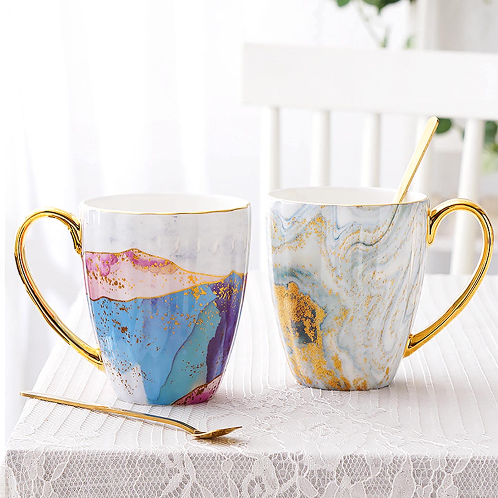 Ceramiczny kubek do kawy ， 13,5-uncjowy kubek do kawy z porcelany kostnej, ręcznie robiony duży kubek do herbaty do biura i domu, duży złoty uchwyt, łatwy do trzymania, stylowa faktura szkliwa(Rosso)