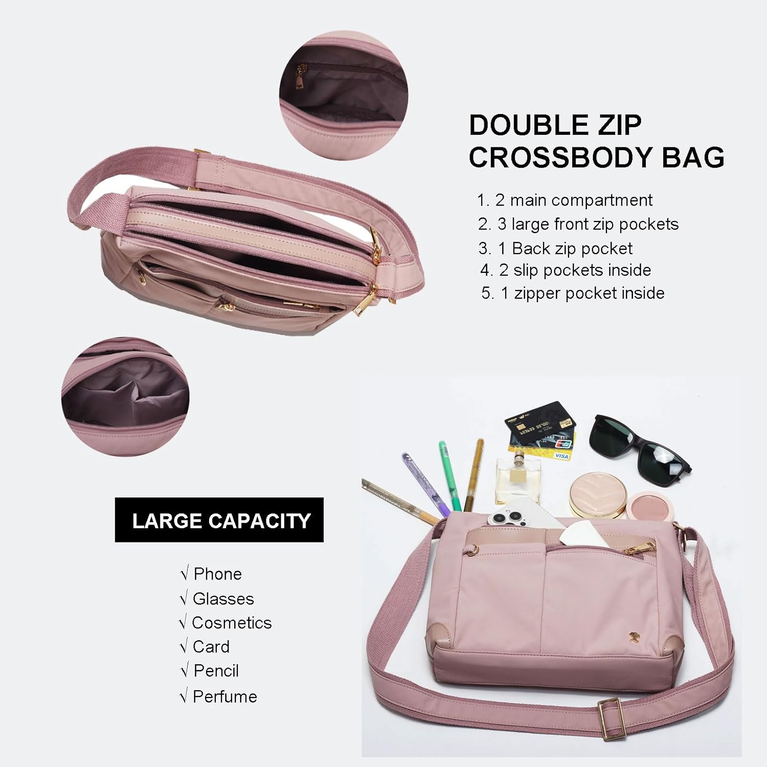 ESVAN Nylon Crossbody Bag For Women Waterproof Lightweight Casual Multi Pockets Shoulder Handbag Purse