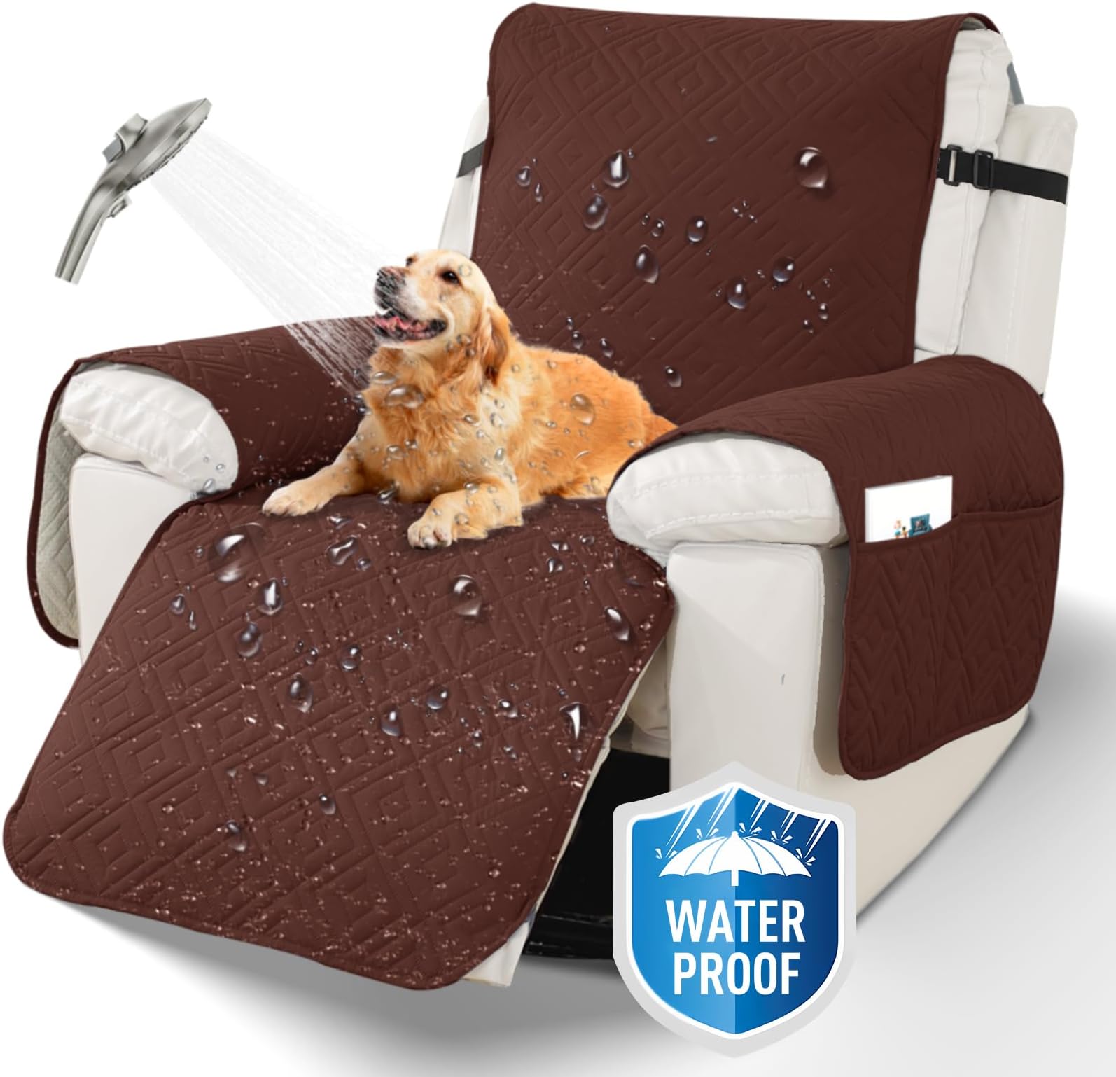 XINEAGE 100% Waterproof Recliner Cover, Non Slip Recliner Chair Cover with Elastic Band, Washable Recliner Slipcover with Storage Pockets for Kids, Pets (Coffee, 23")