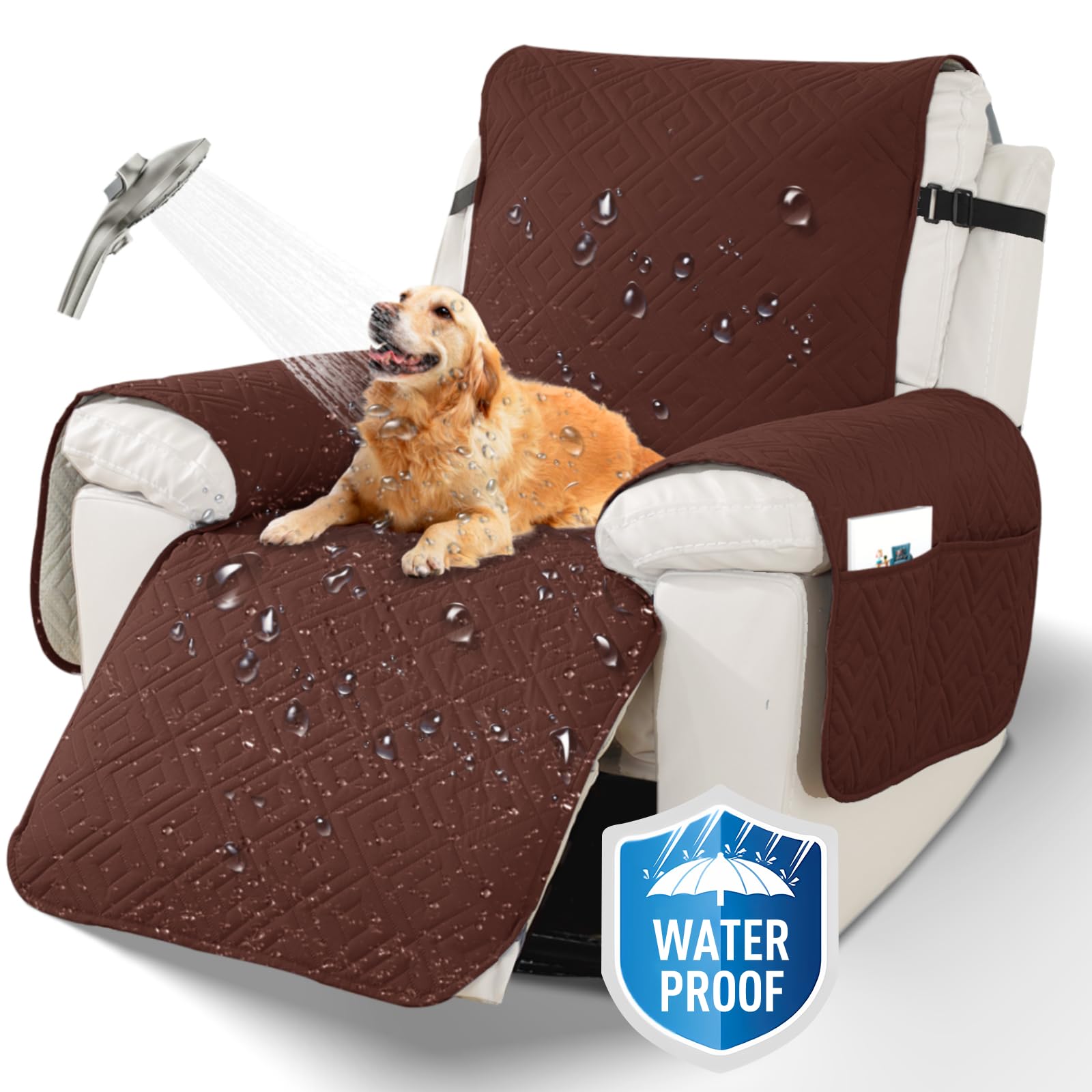 XINEAGE 100% Waterproof Recliner Cover, Non Slip Recliner Chair Cover with Elastic Band, Washable Recliner Slipcover with Storage Pockets for Kids, Pets (Coffee, 23")