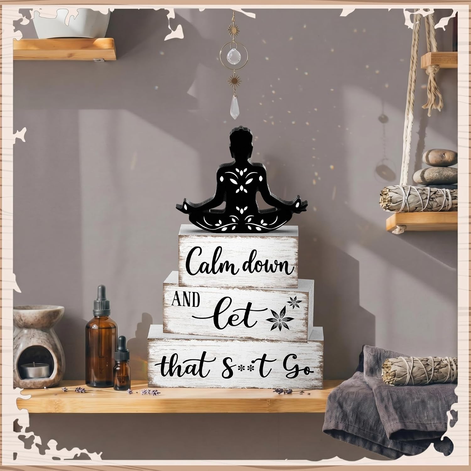 Marsui 4 Pcs Funny Bathroom Shelf Decor Calm Down and Let That Go Wood Sign