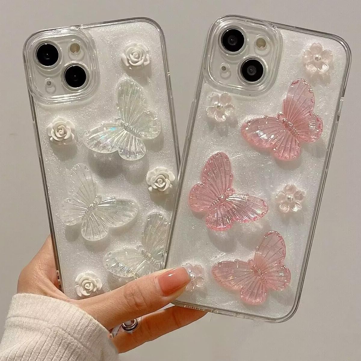 Changjia for iPhone 16 Pro Max Glitter Butterfly Case, Cute Girly 3D Flower Floral Pearl Bling Sparkle with Wrist Strap Chain Soft TPU Aesthetic Women Girls Phone Case for iPhone 16 Pro Max 6.9, Pink