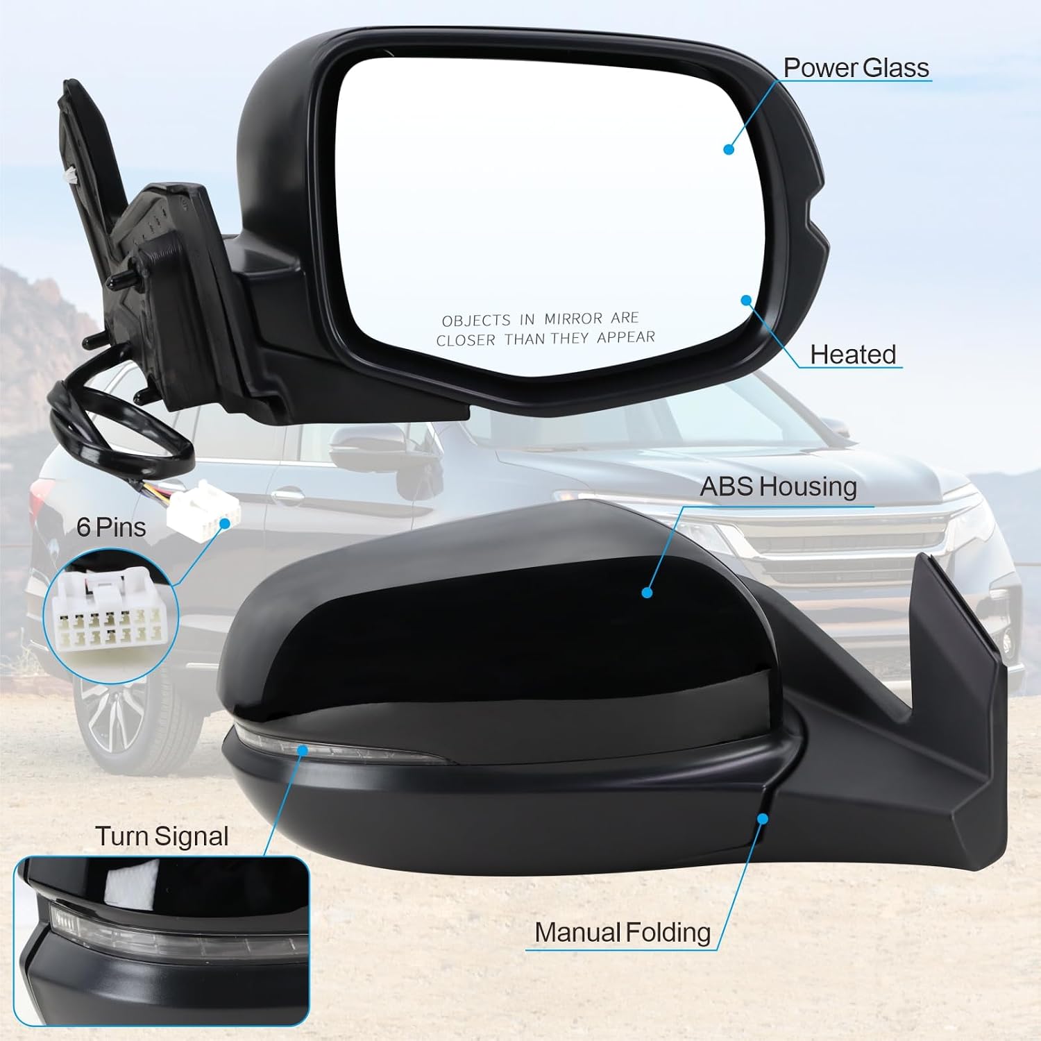 right passenger side mirror compatible with 2016 2017 2018 2019 2020 2021 2022 honda pilot with manual folding power glass turn signal light heated black replace#76250tg7a81zd (6pins) r-6pins black