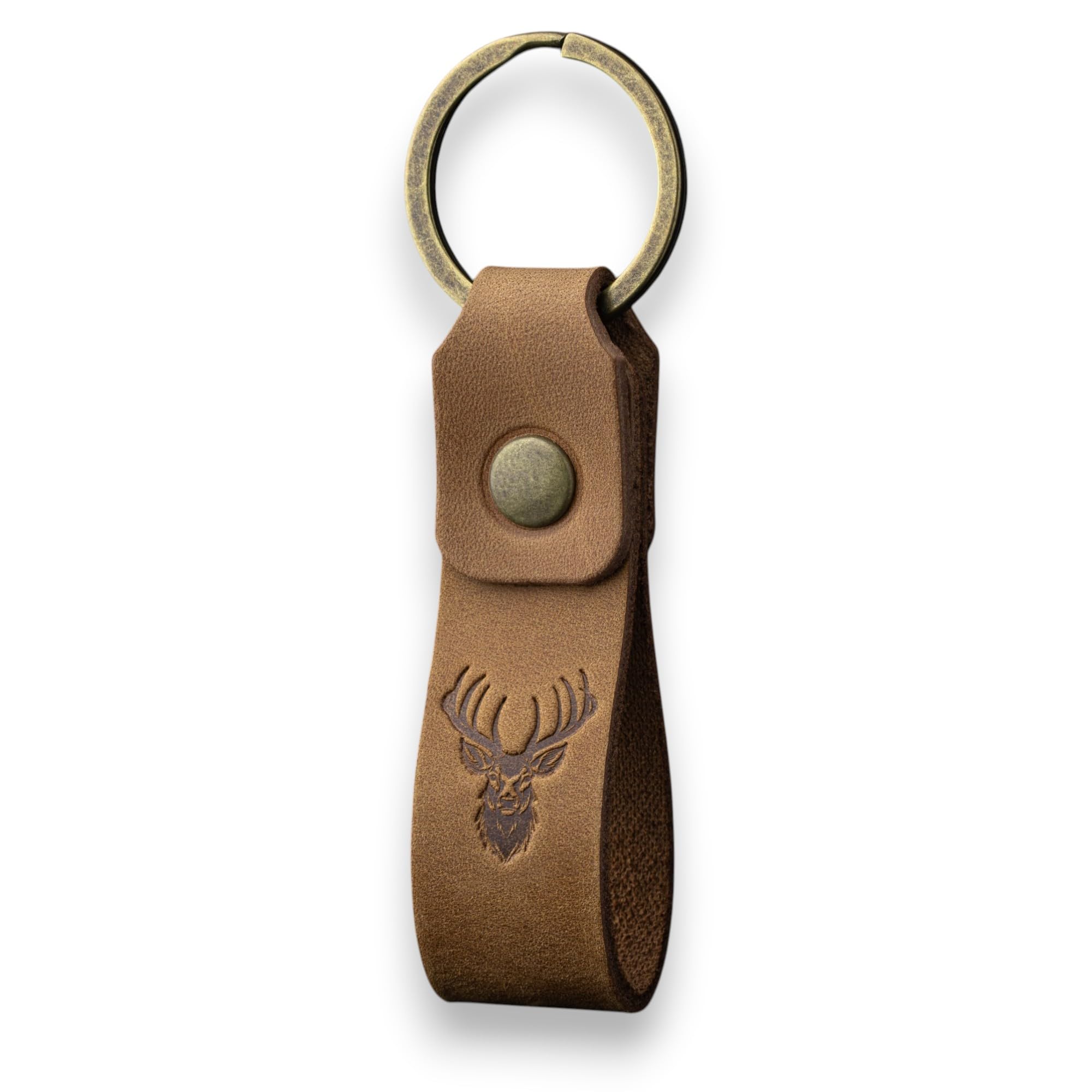 MAGOR Compact Leather Keyring for Men & Women – Personalised Crazy Horse Leather Keychain in Tan, Car Keyring, Hot Embossed Design, Gift for Him Her Mum Dad (Deer)