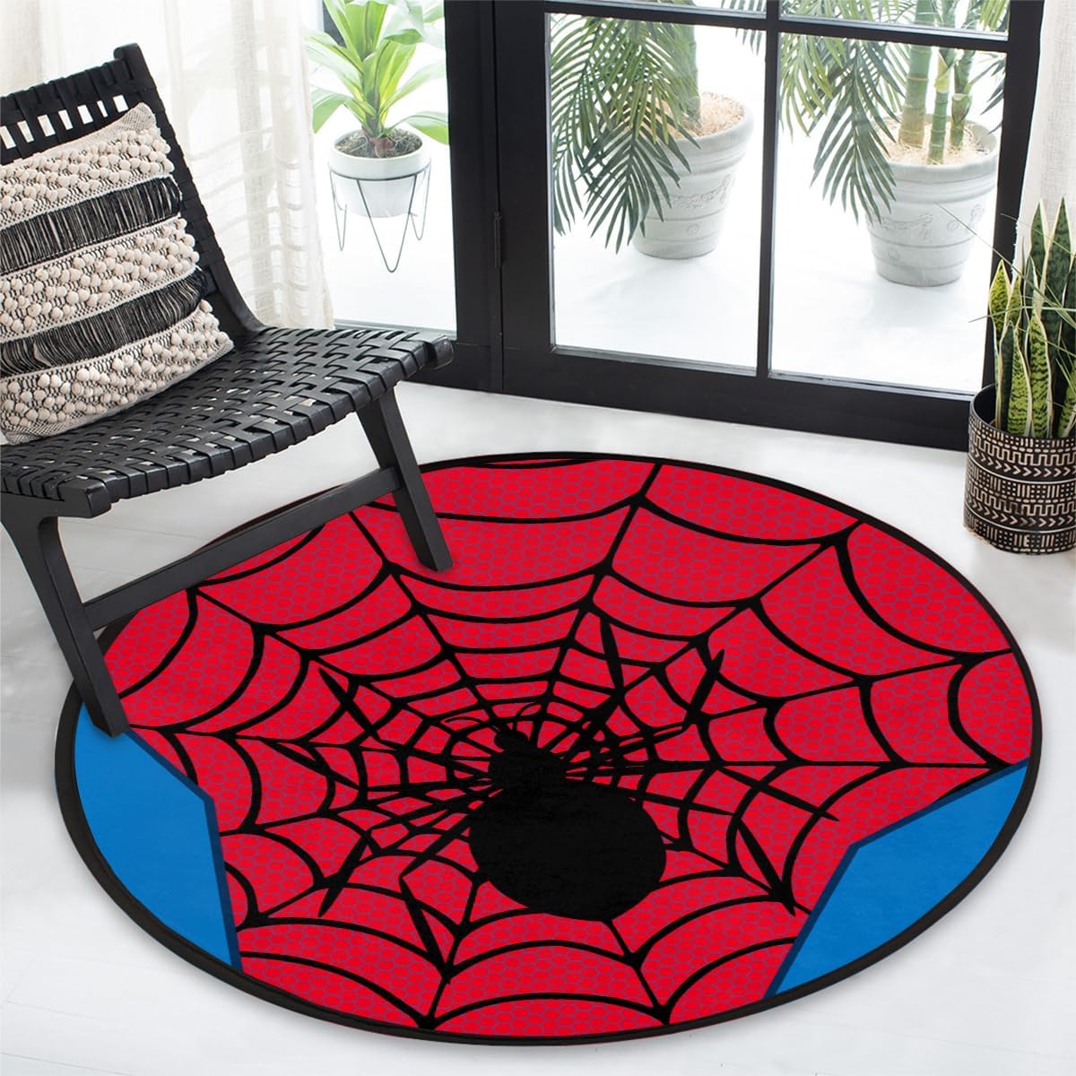 Red Spider Web Round Area Rug 3Ft - Circle Entryway Rugs Washable Door Mat for Boys Room Sofa Nursery Decorations, Non-Slip Floor Carpet Aesthetic Comic Decor