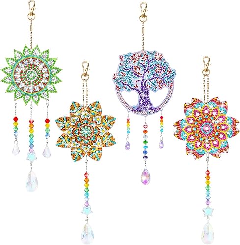 AFUNTA 4 piezas de pinturas de arte de diamantes kits de atrapasoles 5D pinturas de arte de diamantes de imitación de viento llaveros de doble cara