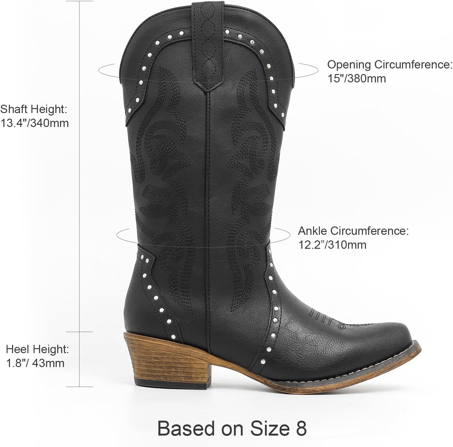 Cowboy Boots For Women Rivet Vintage Elements Mid-Calf Cowgirl Boots Square Toe Chunky Heel Embroidery Stitched Western Boots - Image 2