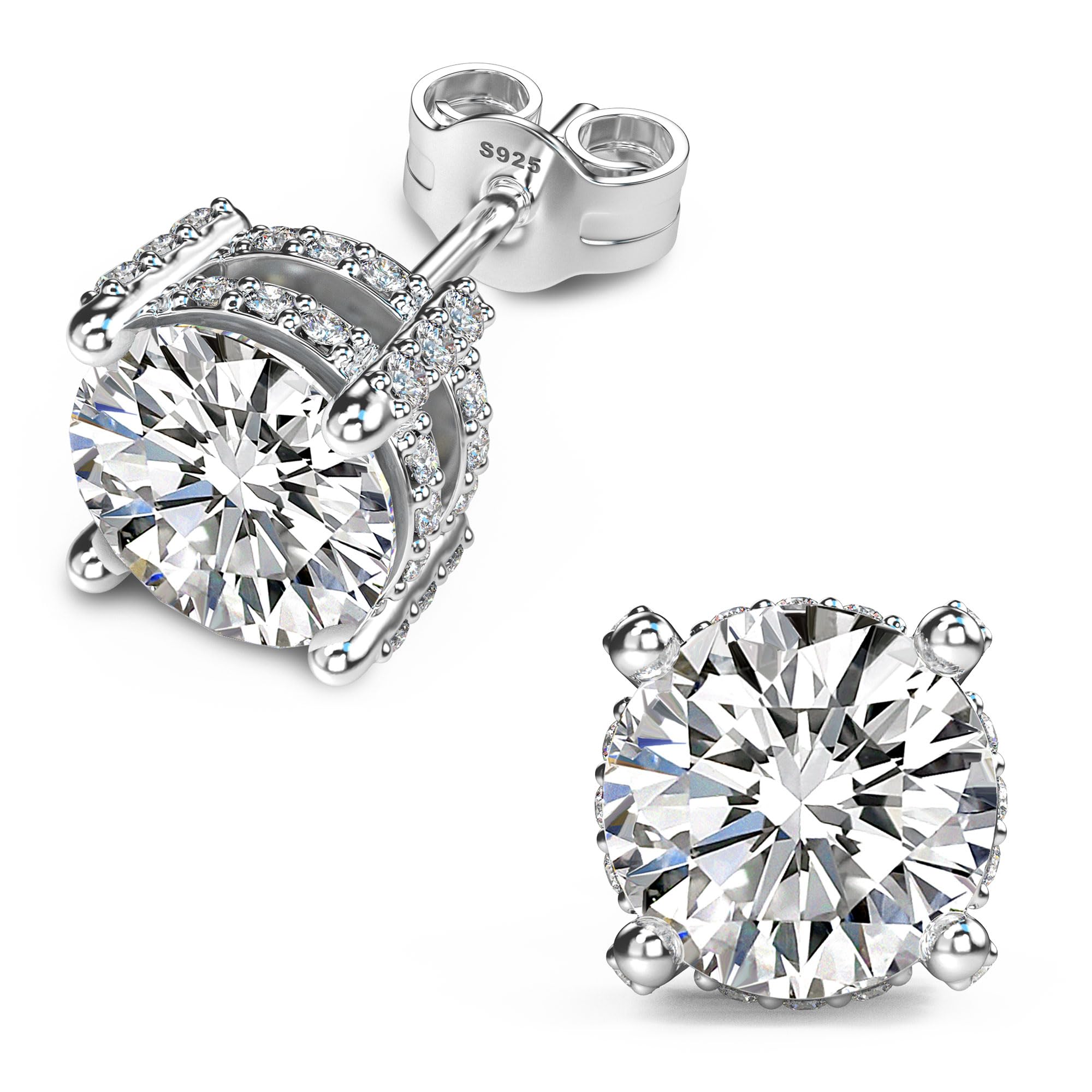 18K White Gold Plated Sterling Silver Pave Round Cut Cubic Zirconia Stud Earrings