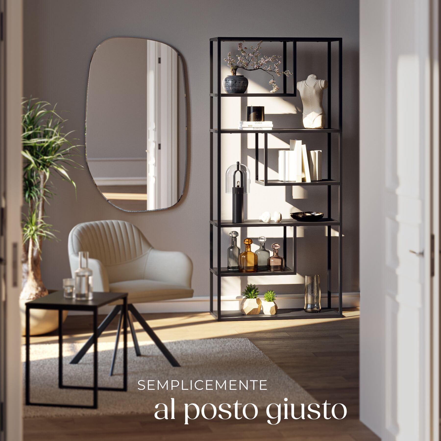 tectake® Scaffale Autoportante con 6 Scomparti, Libreria Scaffale con Ripiani in Metallo e Legno, Libreria Moderna, Libreria Industriale per Casa, Ufficio, Cucina, Garage, 85x35x188 cm - Nero