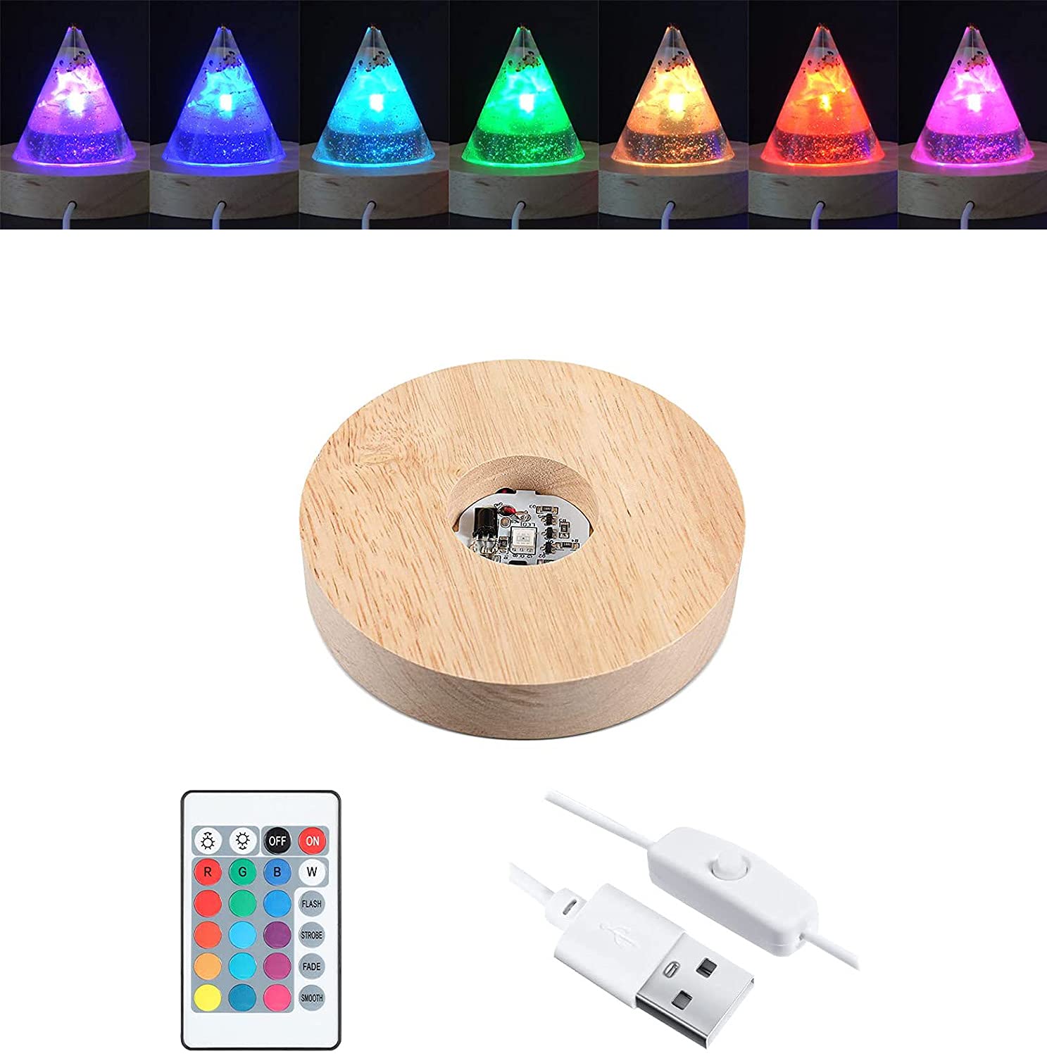 TOPINCN Base per Espositore Rotante a LED Cristalli Arte del Vetro Luce Colorata Rotante per Espositore a Base di Cristallo Supporto per Espositore per Tazze Turner (Specchio Rotondo 2 luci Modello a