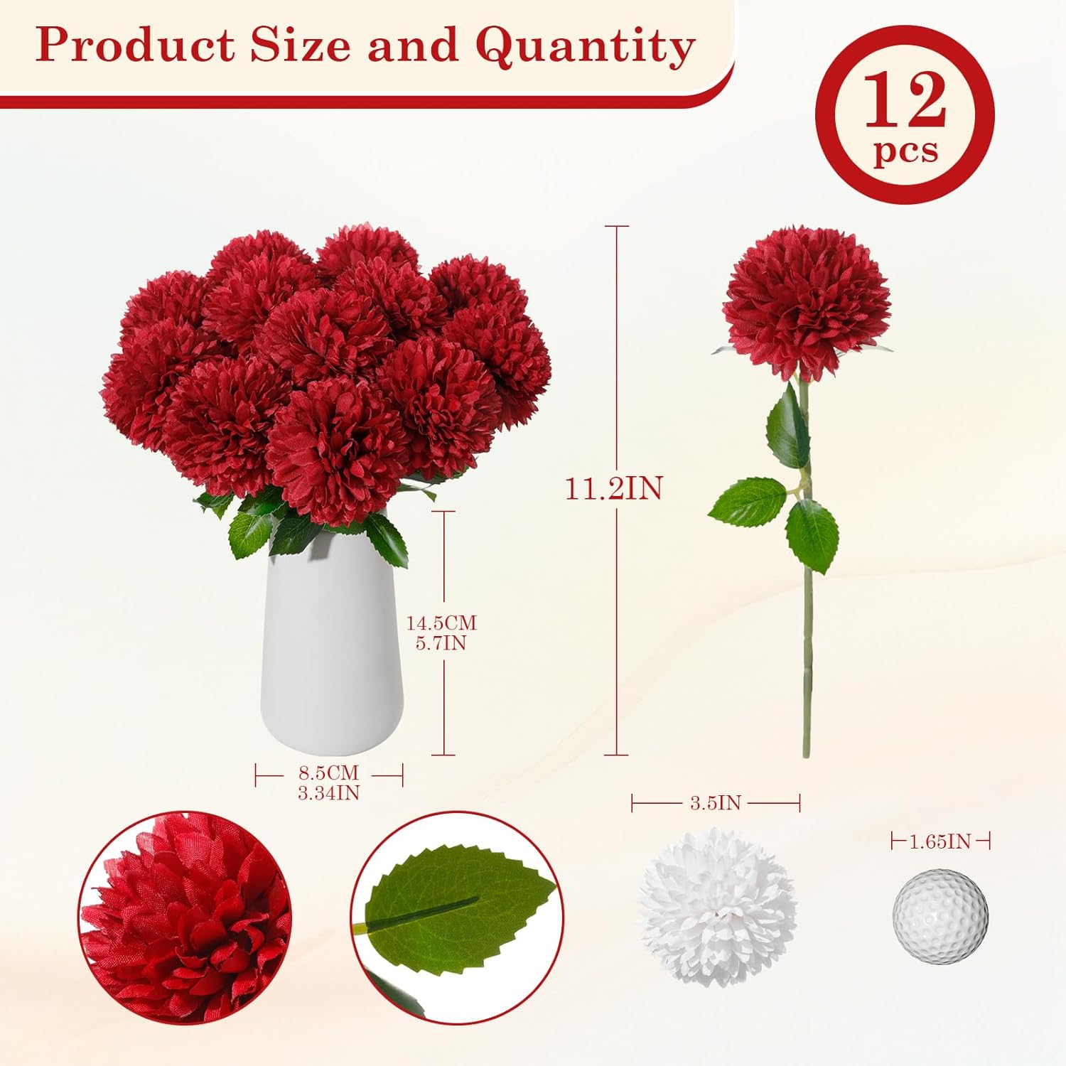 12Pcs Artificial Chrysanthemum Ball Flowers with Ceramic Vase, Faux Silk Mum Floral Arrangement for Table Centerpiece, Spring Home Decor, Wedding, Office, Coffee Display(Red)