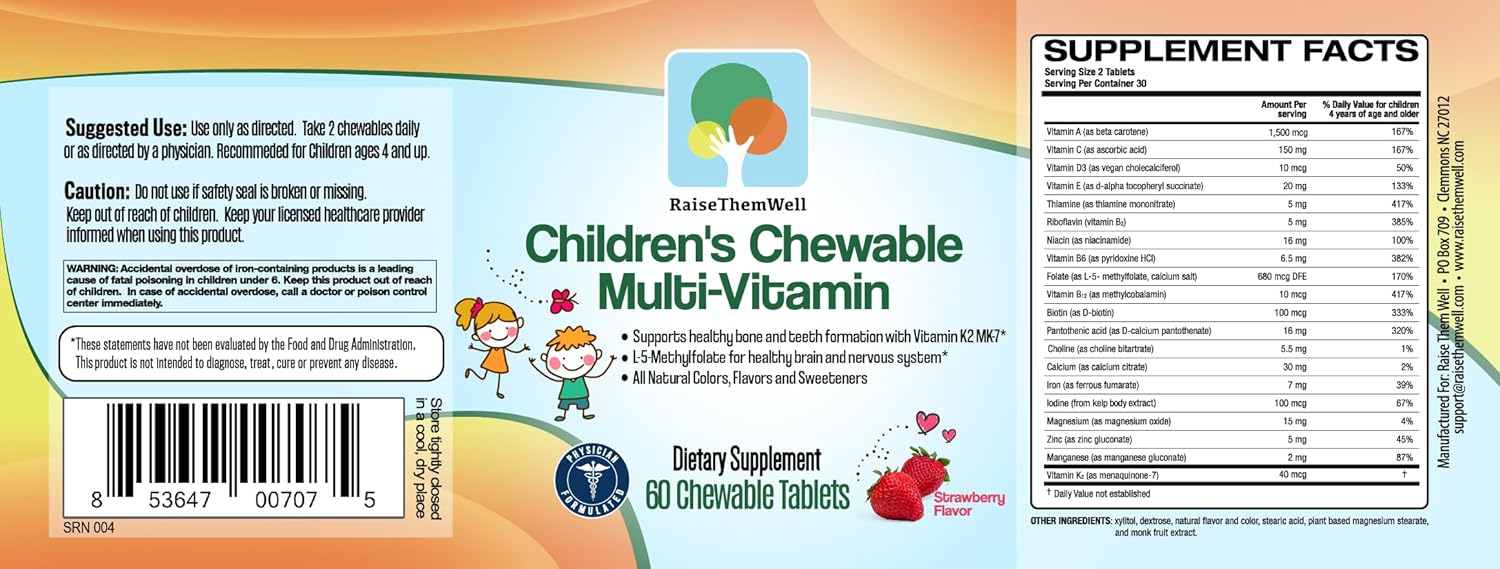Raise Them Well Tasty Chewable Kids Multivitamin, All-Natural Colors, Flavors & Sweeteners, Daily Essential Vitamins for Children, Easy-to-Chew Vitamins, Strawberry