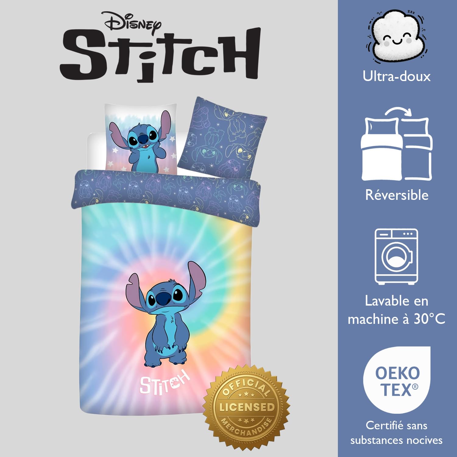 Stitch Tie-Dye Housse de Couette 140x200 + Taie Polycoton Pastel | Parure de lit réversible 1 personne | Polycoton entretien facile | Disney Lilo & Stitch | Ado | Cadeau | Lavable en machine