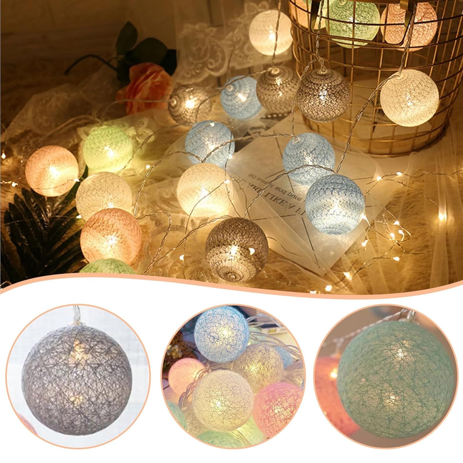 Baumwollkugeln Lichterkette Batterie, 3M 20 LED Lichterkette Baumwollkugeln, 4cm Macaron Cotton Balls Lichterketten Innen Außen, Lichterketten Batteriebetrieben für Weihnachten, Kinderzimmer, Hochzeit Beleuchtung