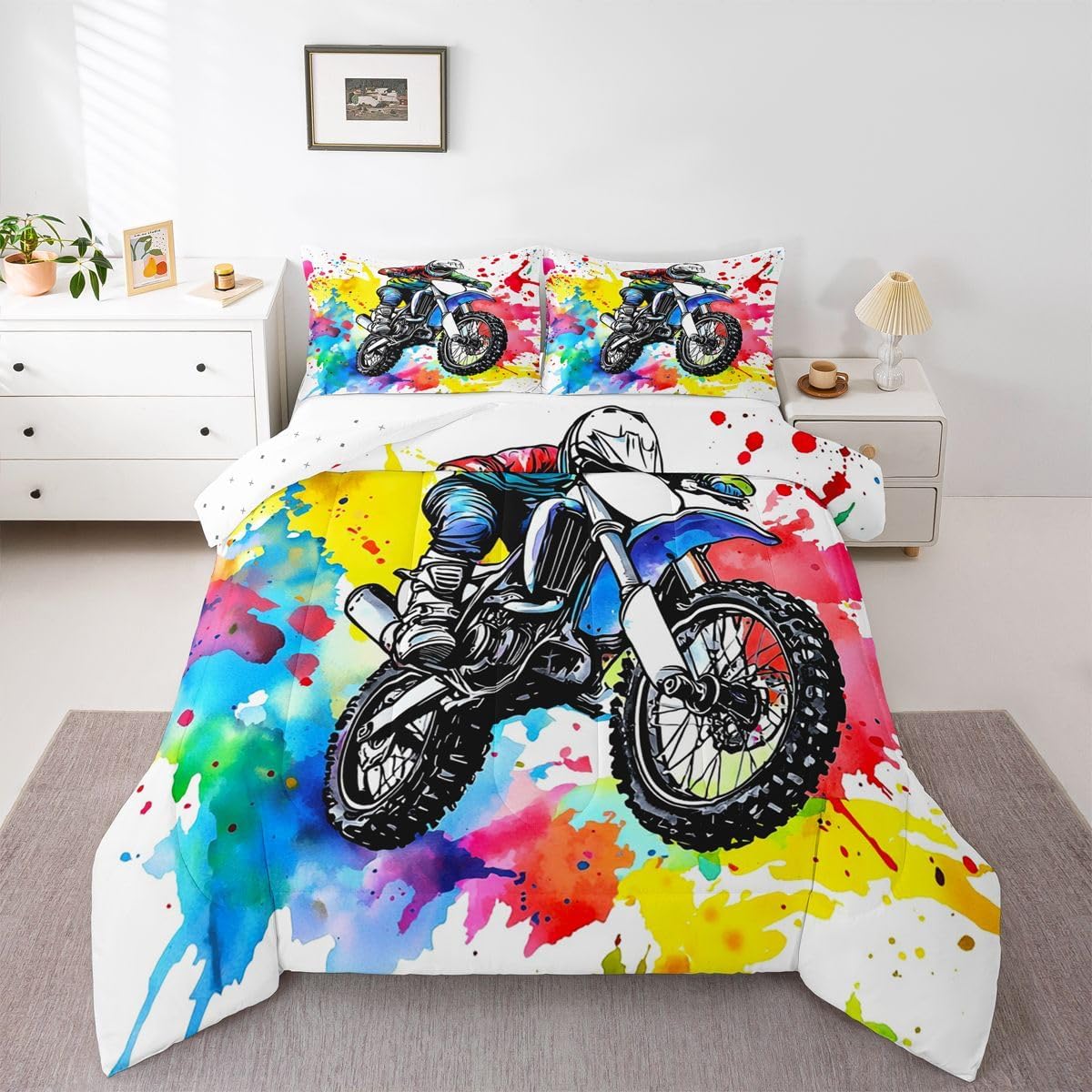 Erosebridal Yellow Airplane Bedding Set Full Rainbow Clouds Comforter Set, Watercolor Plane Duvet Insert Flying Aircraft Quilt Comforter, Hand Drawn Transportation Bedding Comforters & Sets Microfiber