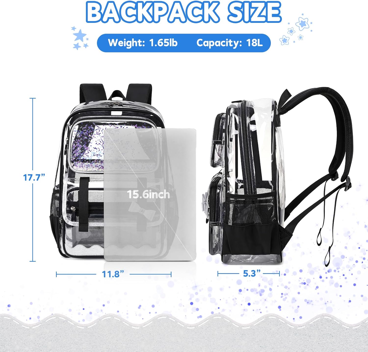 Clear Backpack for Girls,Transparent Backpack See Through Backpacks Stadium Event,Heavy Duty Clear Bookbag for School Black - Image 8