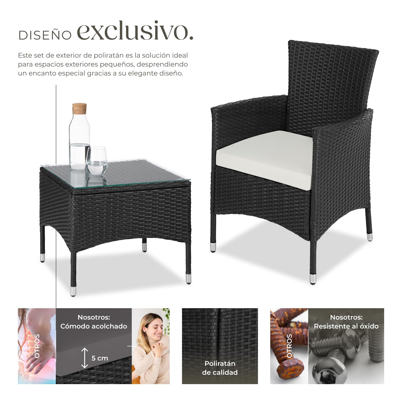 tectake® Conjunto Jardín Exterior de Ratán y Acero para 2 Personas, Muebles Jardín Exterior Resistentes a Intemperie, 2 Sillones y 1 Mesa Cristal, Fácil Montaje y Limpieza, Incl. 4 Fundas - Negro