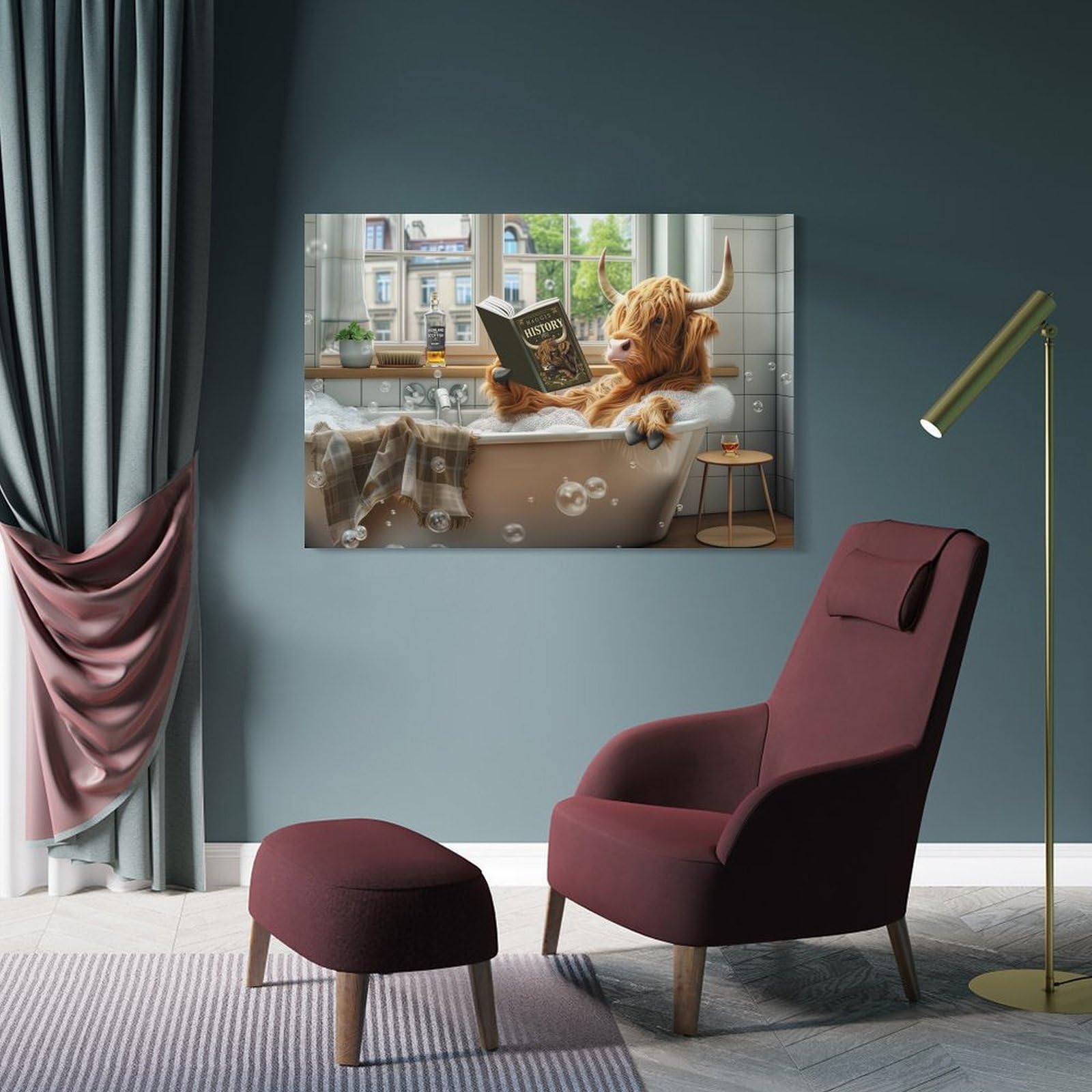 Junmoney Frame-Style-7-1 Highland Cow In Bath Tub Decorative Canvas Print, 20X30inch(50X75cm), For Contemporary Homes, Apartments Or Offices, Home Artwork For Modern Interiors
