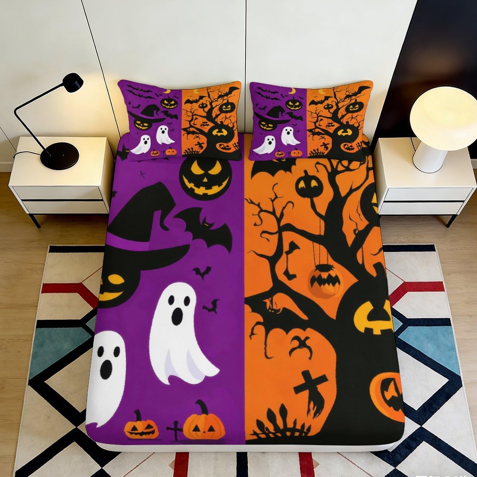3D Printed Halloween Ghost Pumpkin Fitted Sheet Microfiber Soft Breathable Spooky Bed Cover for Bedroom Dormitory Guest Room Mattress Protection Decor 140x200x25cm