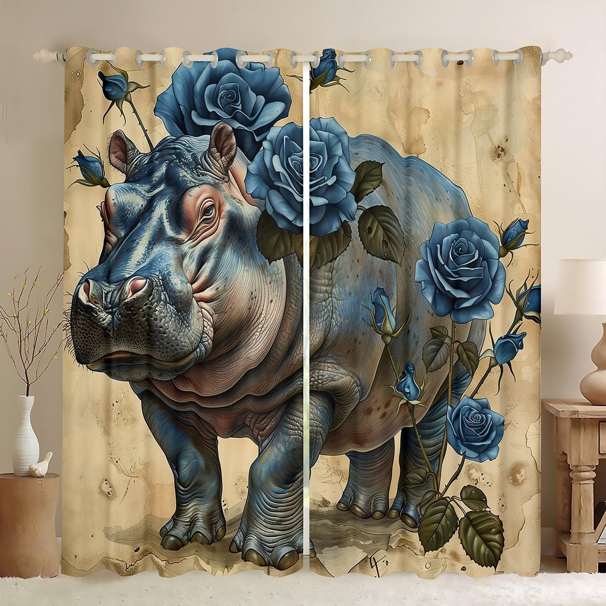 Erosebridal Hippo Curtains for Living Room,Blue Rose Curtains & Drapes Romantic Flowers Blackout Curtains 2 Panels 38" Wx45 L,Coastal Wild Animal Window Curtains