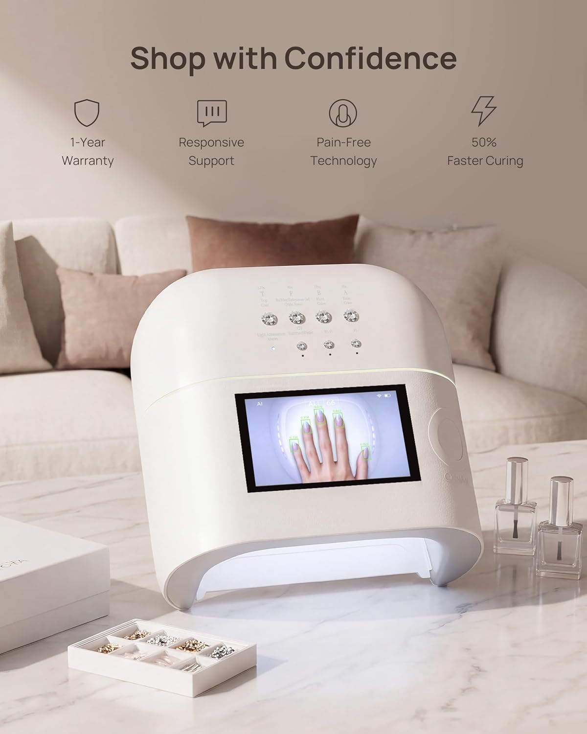 AI UV LED Nail Lamp for Gel Nails - ONAIL Professional Smart Nail Dryer with AI Nail Detection, Pain-Free Fast Curing 109 LEDs Skin-Safe UV Light, Salon Gel Nail Lamp White(Battery Not Included)