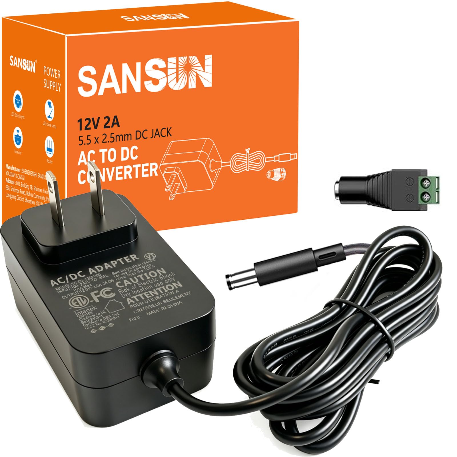 ETL Listed] 12V 2A Power Supply Adapter, SANSUN AC120V to DC12V