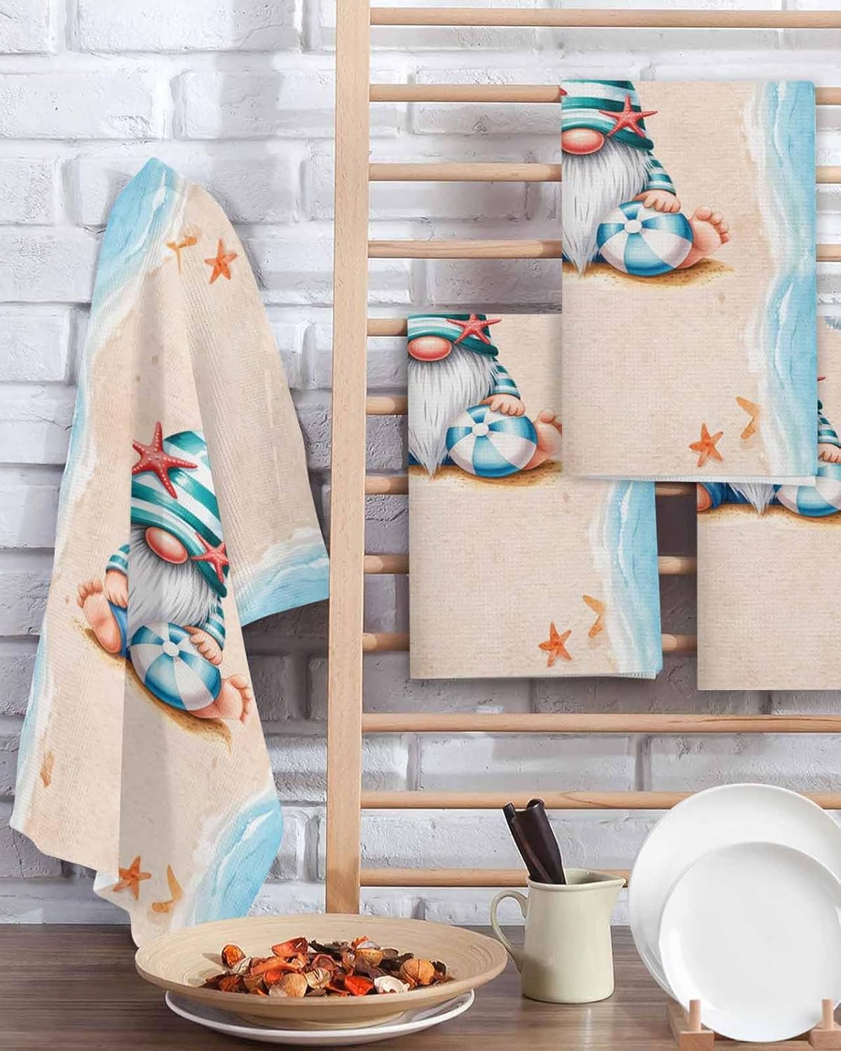 DecorLovee Coastal Gnomes Kitchen Towels Set of 3, Waffle Microfiber Towels, Blue Summer Beach Ocean Seaside Starfish Absorbent Dish Towels Cloths Decorative Hand Towels for Bathroom 16x24 Inch