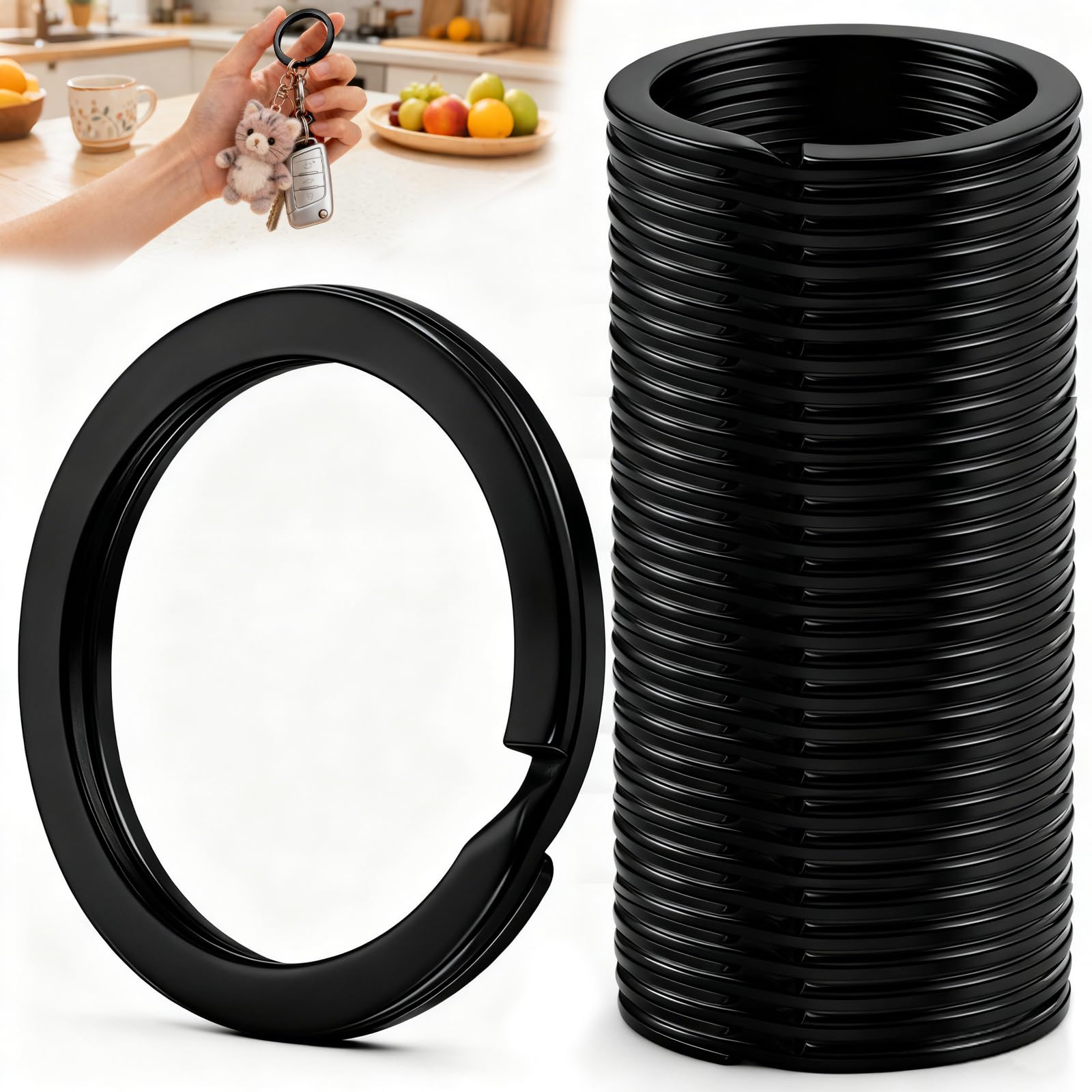 qjuwhua Schlüsselringe 25mm Schwarz Schlüsselring Runde Metall Schlüsselanhänger Ring Schlüssel Flache Spaltringe KeyRing Zubehör für Organisation von Auto Haustürschlüssel DIY Handwerk 30 Stück