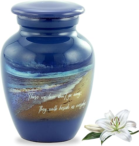 Vista 10 de Footprints Urna de cremación – Urna conmemorativa azul océano con playa y olas – Urnas funerarias de metal hechas a mano de tamaño completo