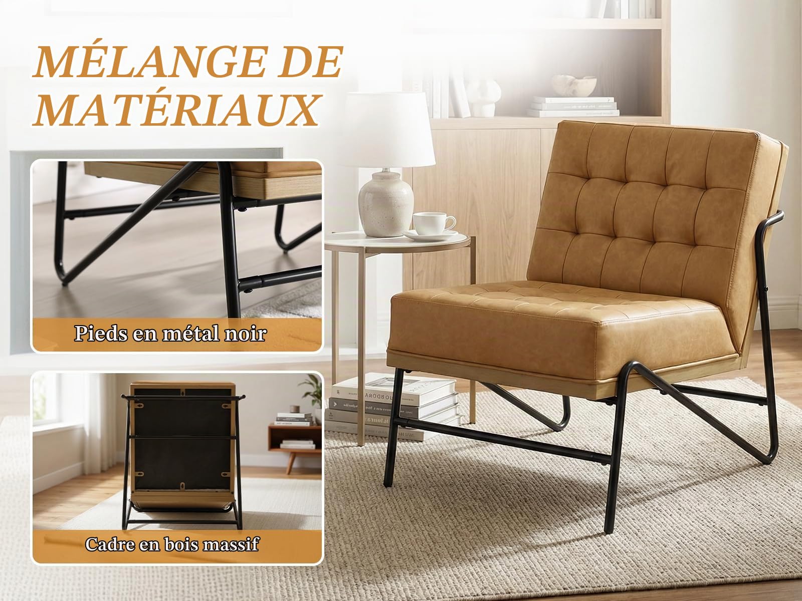 chairus Fauteuil Scandinave Cuir PU Chaise de Chambre Confortable, Marron